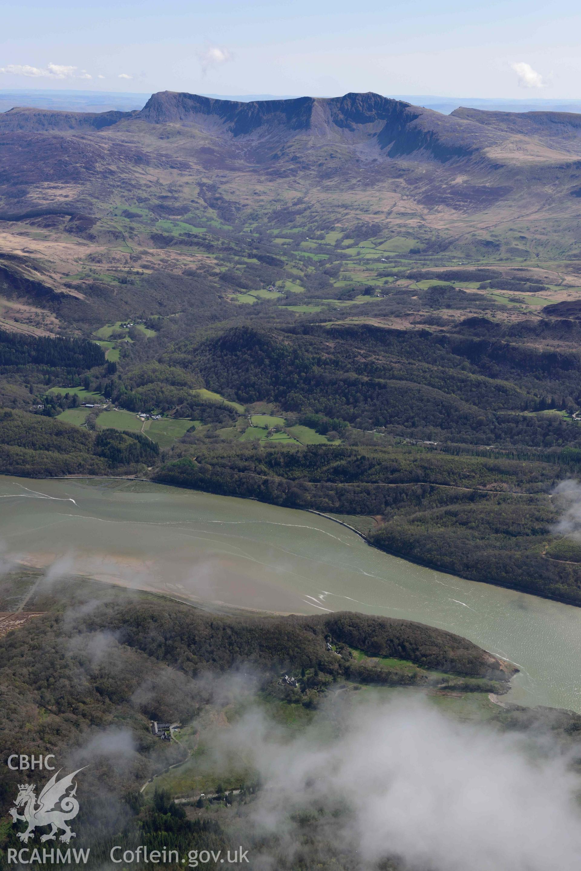 Cader Idris, landscape view from north-west over Abergwynant. Oblique aerial photograph taken during the Royal Commission’s programme of archaeological aerial reconnaissance by Toby Driver on 20 April 2018.