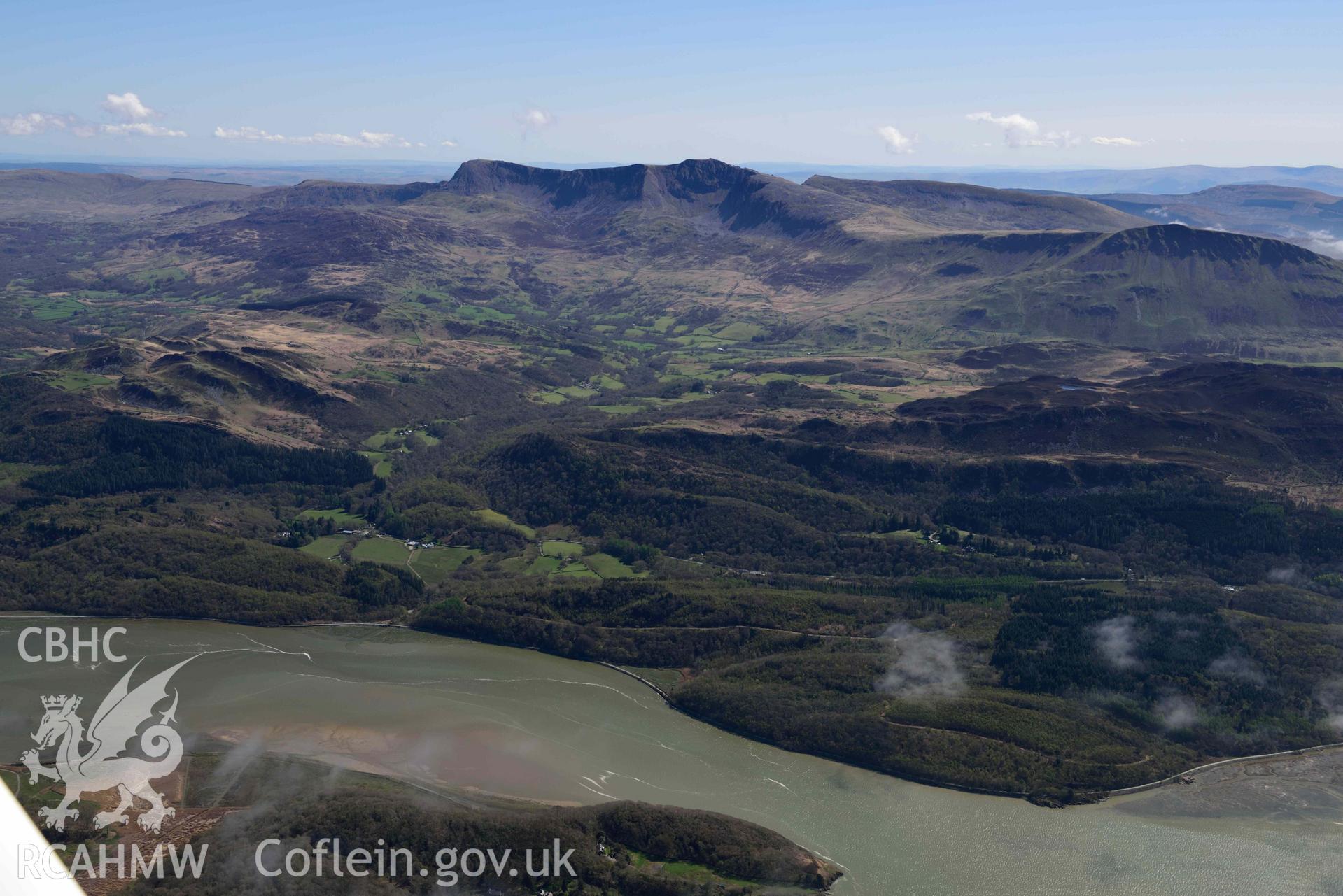 Cader Idris, landscape view from north-west over Abergwynant. Oblique aerial photograph taken during the Royal Commission’s programme of archaeological aerial reconnaissance by Toby Driver on 20 April 2018.