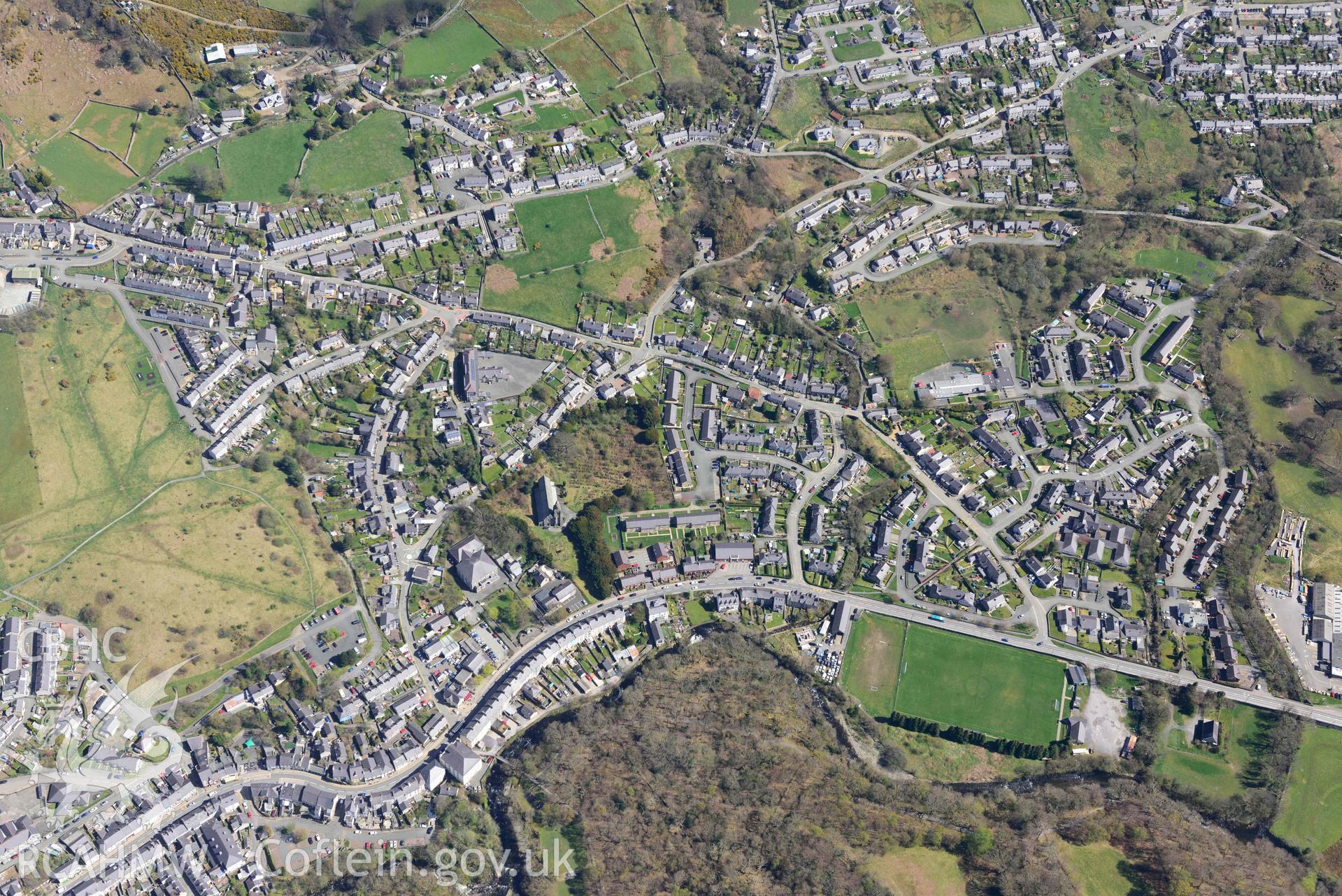 Bethesda Town, view from south-west. Oblique aerial photograph taken during the Royal Commission’s programme of archaeological aerial reconnaissance by Toby Driver on 20 April 2018.