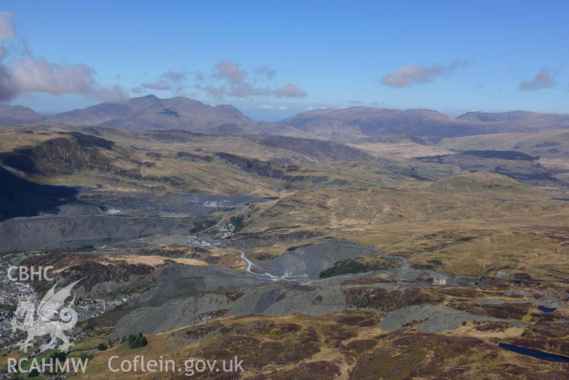 Diffwys Slate Quarry, view from south. Oblique aerial photograph taken during the Royal Commission’s programme of archaeological aerial reconnaissance by Toby Driver on 20 April 2018.