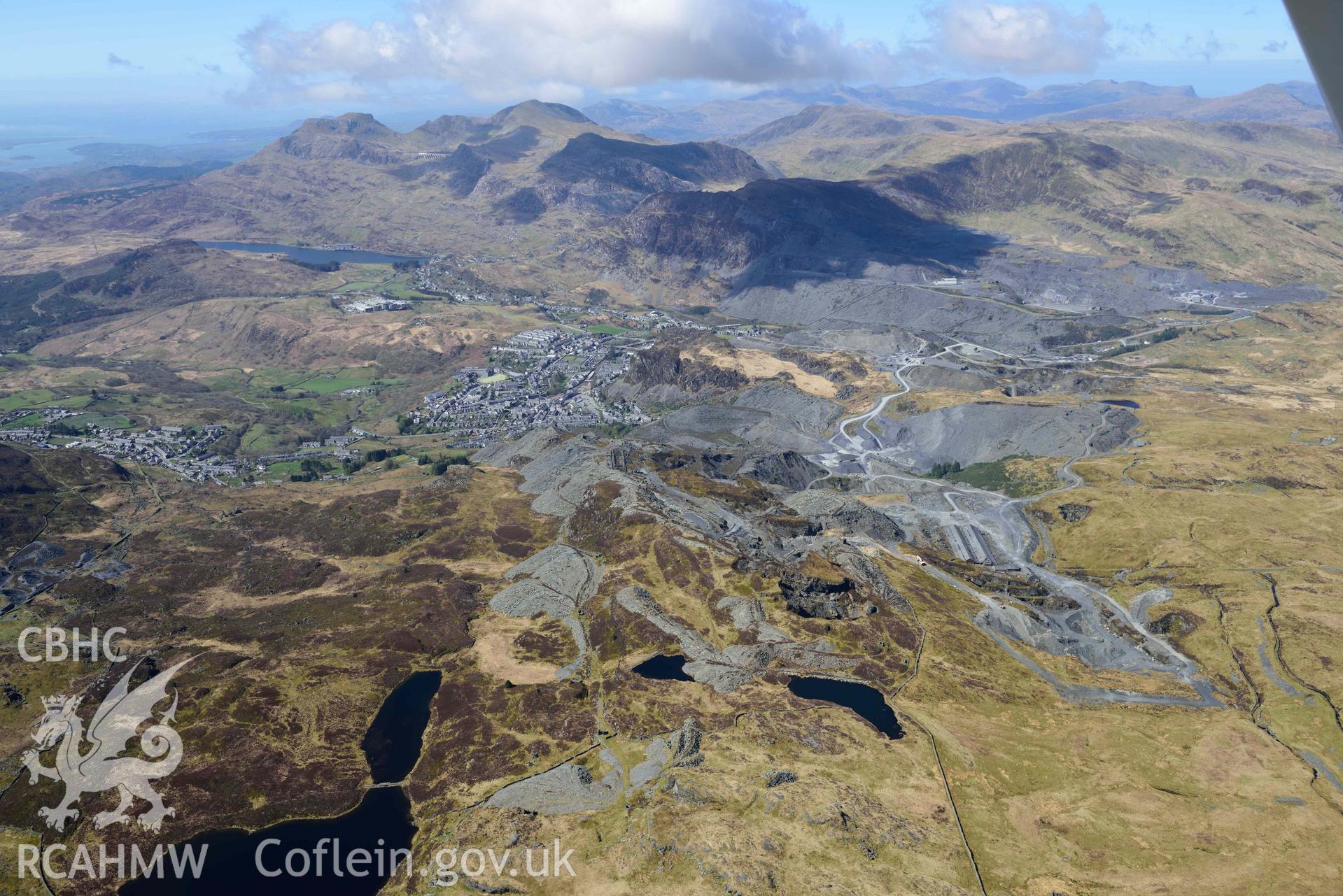 Diffwys and Maen-offeren Slate Quarries, view from east. Oblique aerial photograph taken during the Royal Commission’s programme of archaeological aerial reconnaissance by Toby Driver on 20 April 2018.