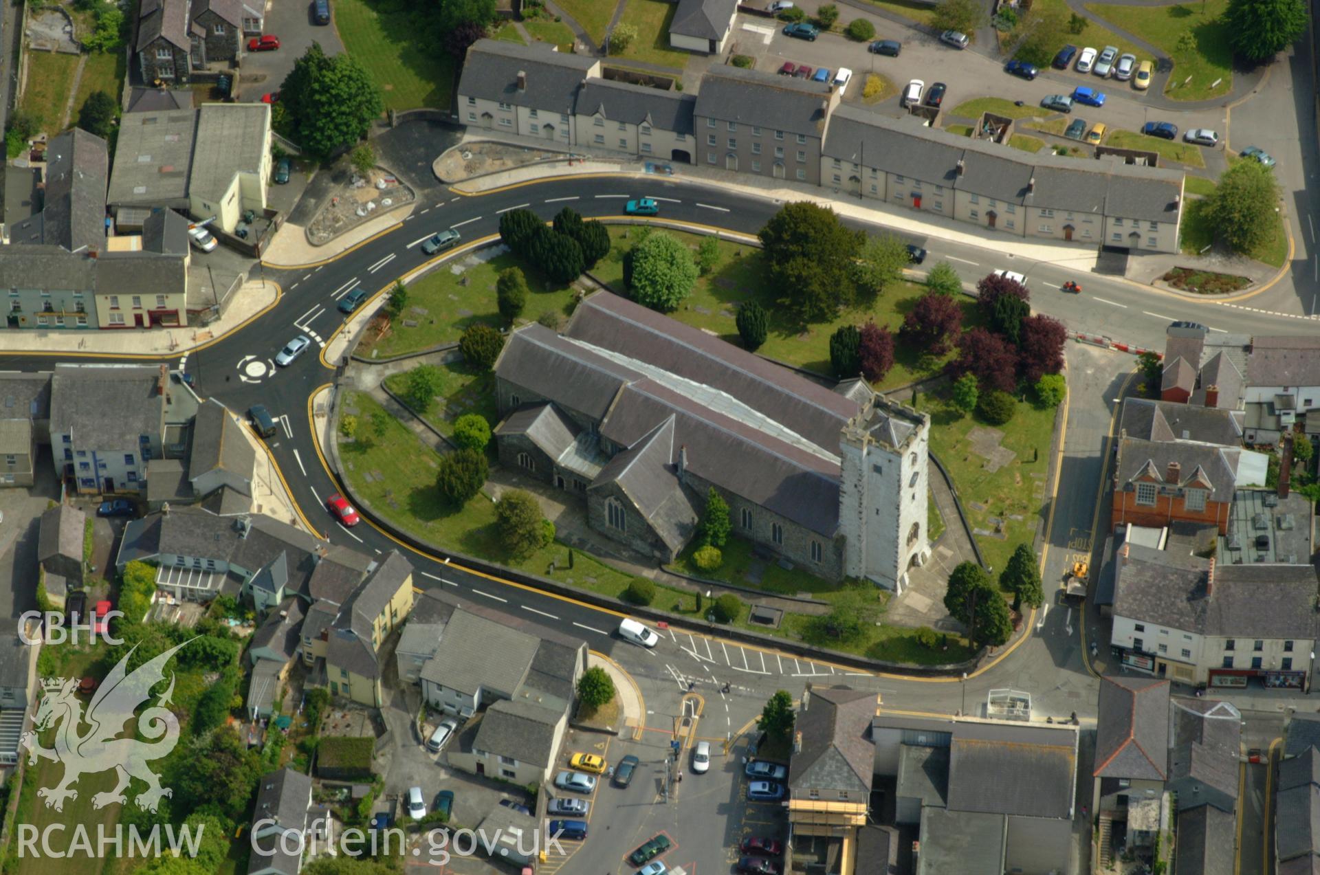 RCAHMW colour oblique aerial photograph of St Peter's Church, Carmarthen taken on 24/05/2004 by Toby Driver