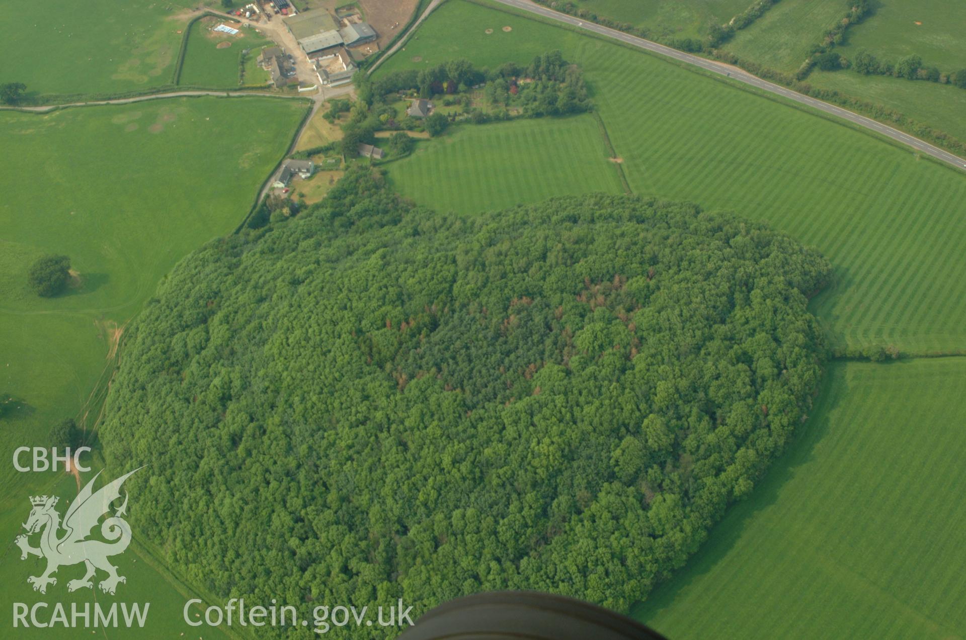 RCAHMW colour oblique aerial photograph of a defended enclosure on Wilcrick Hill taken on 26/05/2004 by Toby Driver