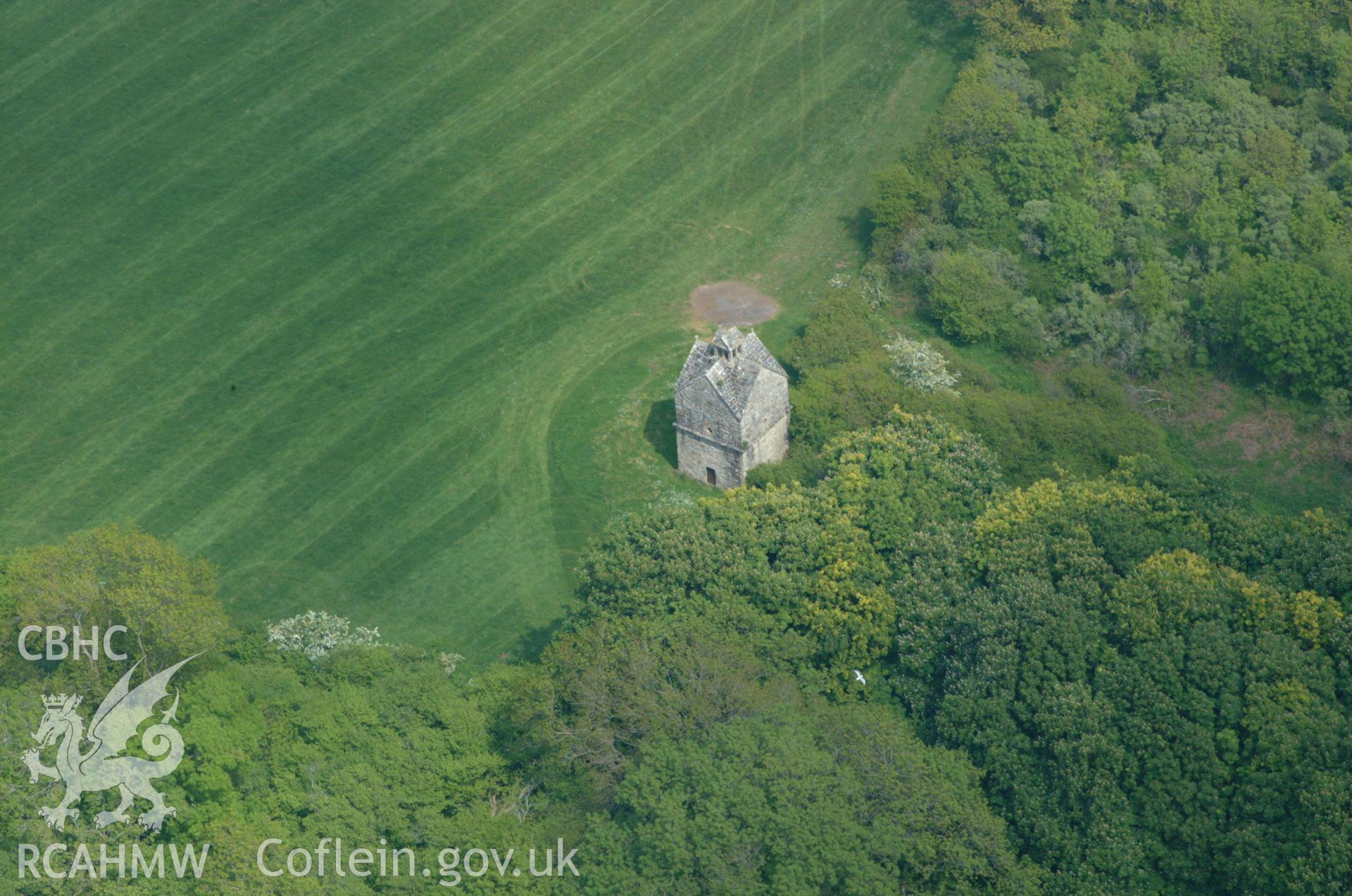 RCAHMW colour oblique aerial photograph of Llanellgradd Dovecote taken on 26/05/2004 by Toby Driver