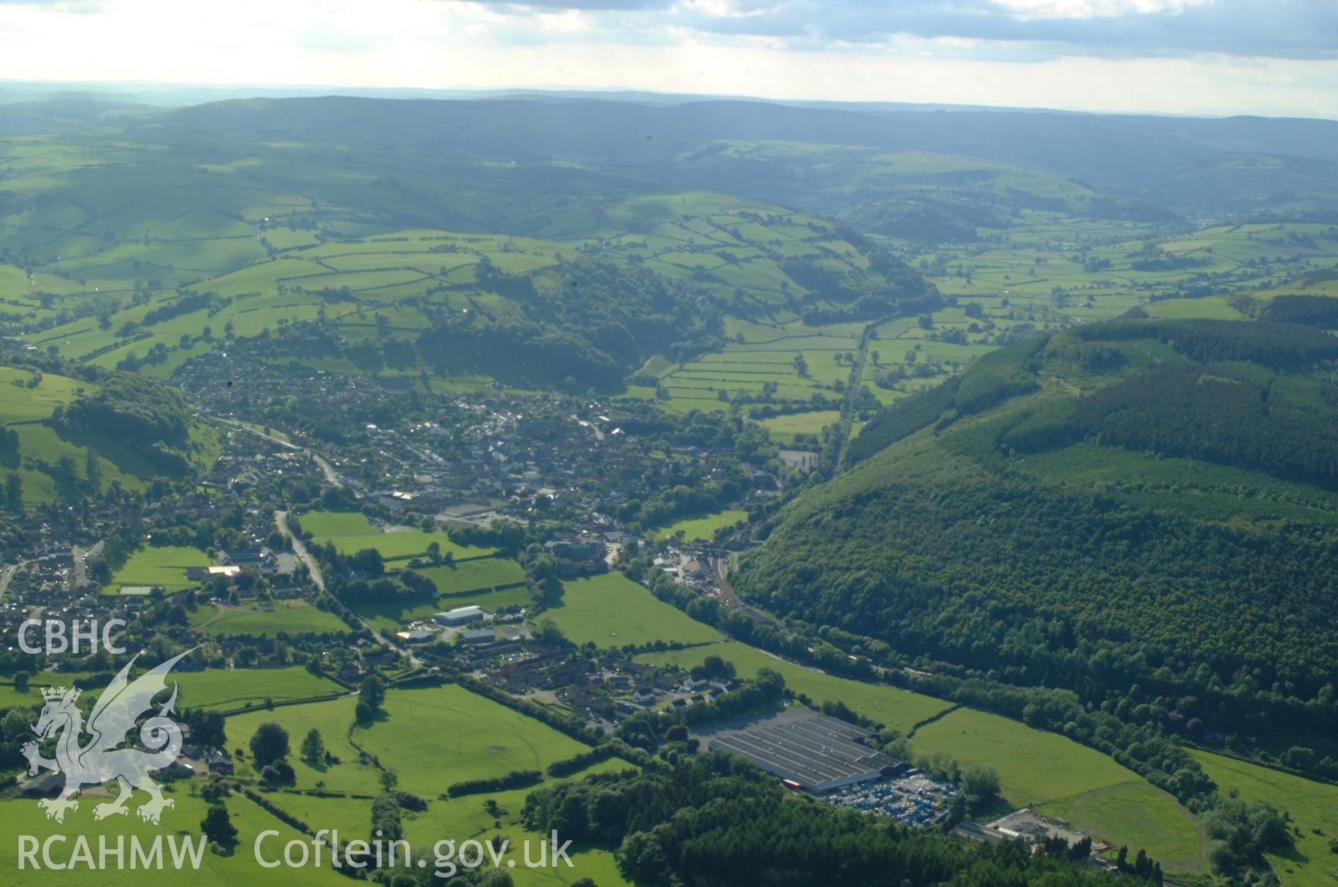 RCAHMW colour oblique aerial photograph of Knighton Clock Tower, Knighton taken on 02/06/2004 by Toby Driver