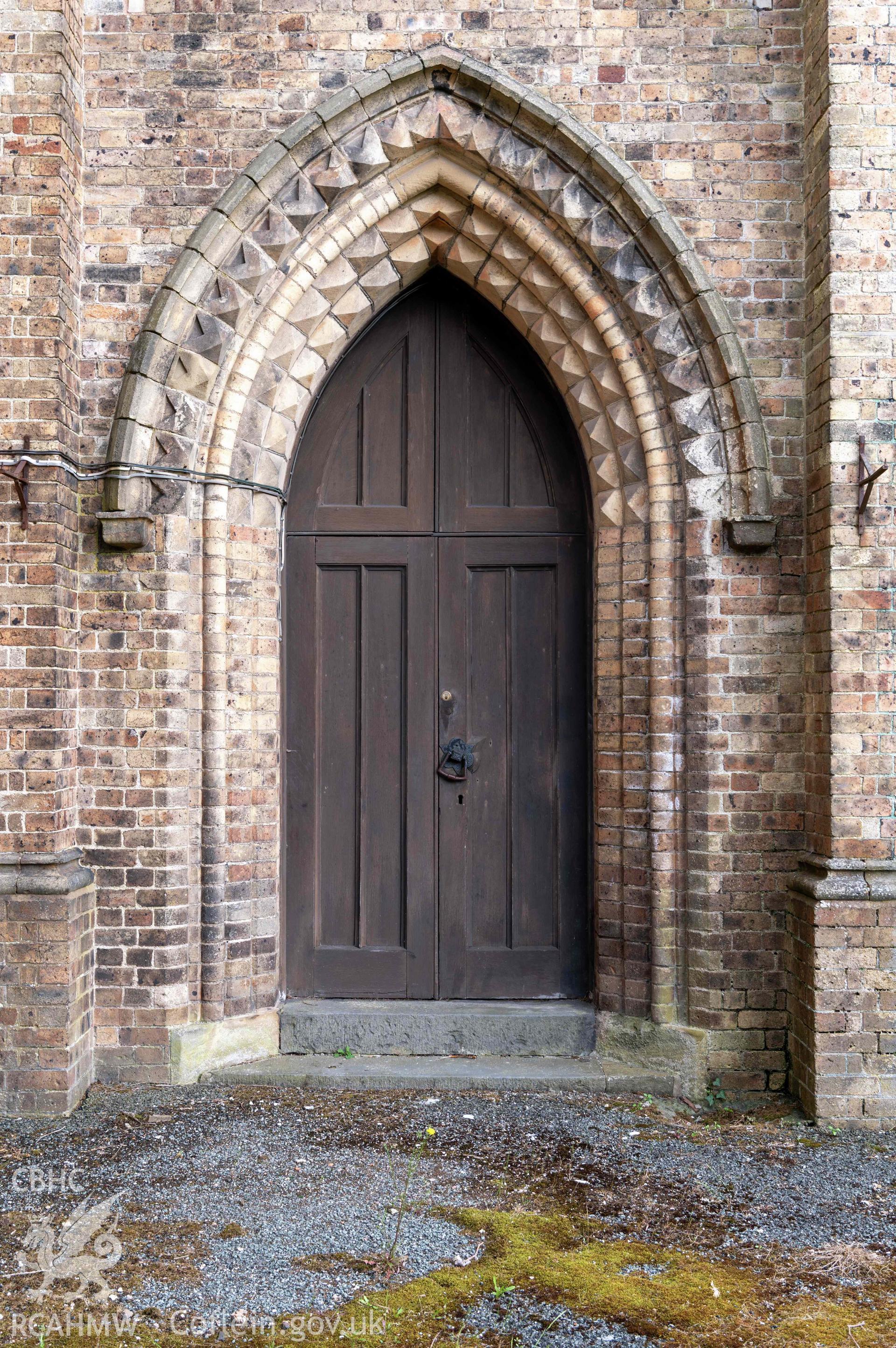 St David's Church, Newtown - exterior detail of door in south-west corner.