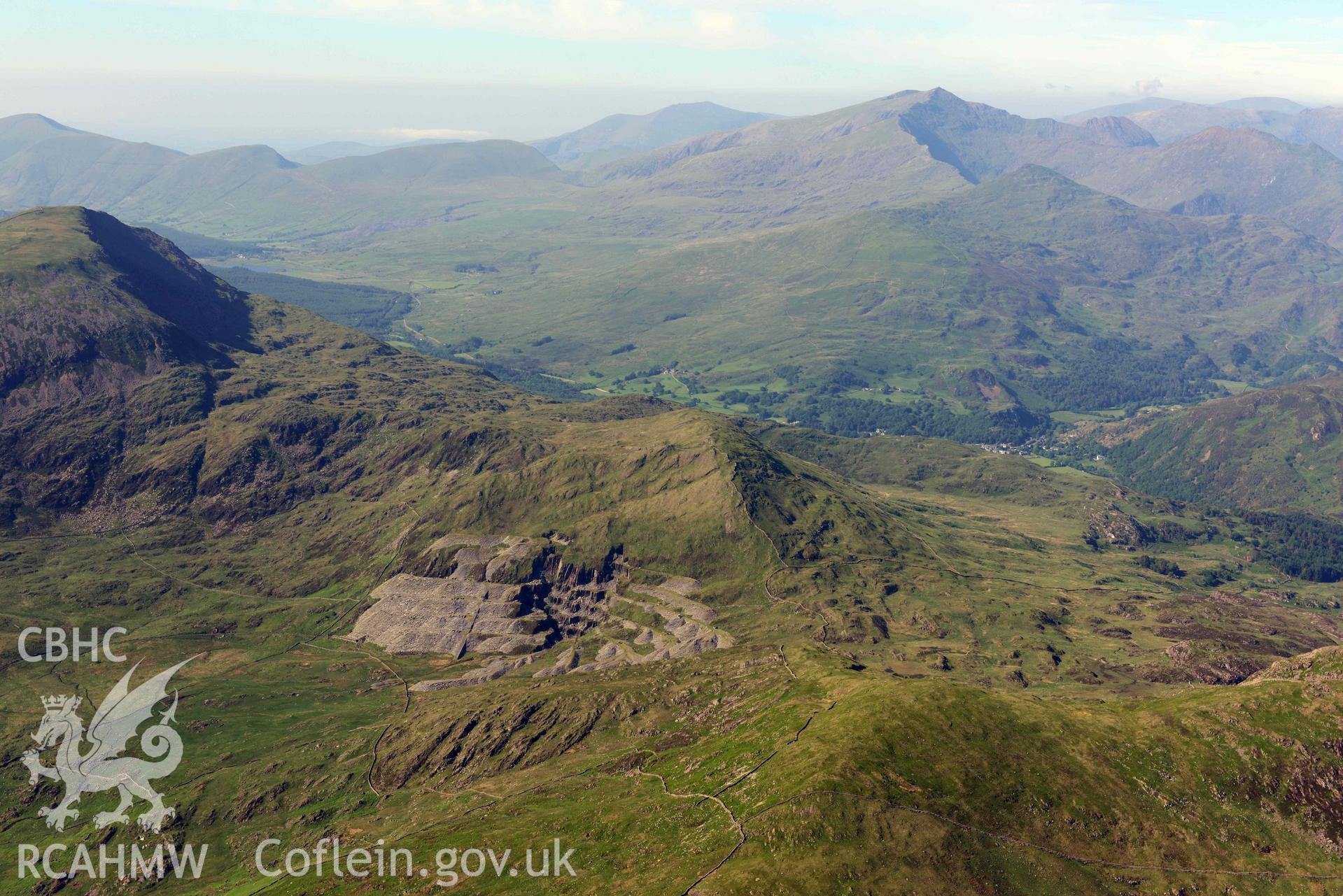 Gorseddau slate quarry, view from southwest over Llyn Cwm Ystradlyn. Oblique aerial photograph taken during the Royal Commission