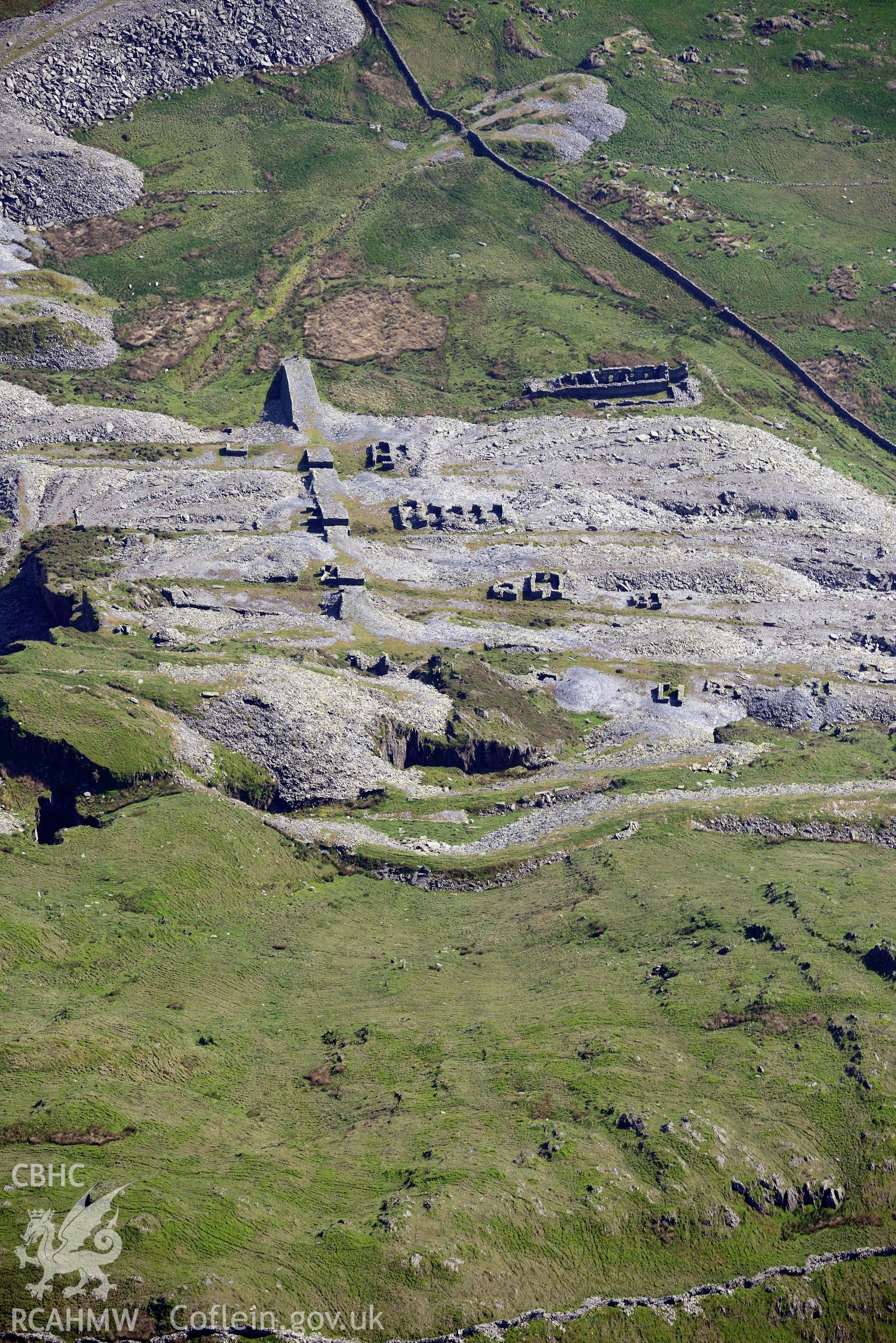 Gorseddau slate quarry, view from north, detail of galleries. Oblique aerial photograph taken during the Royal Commission