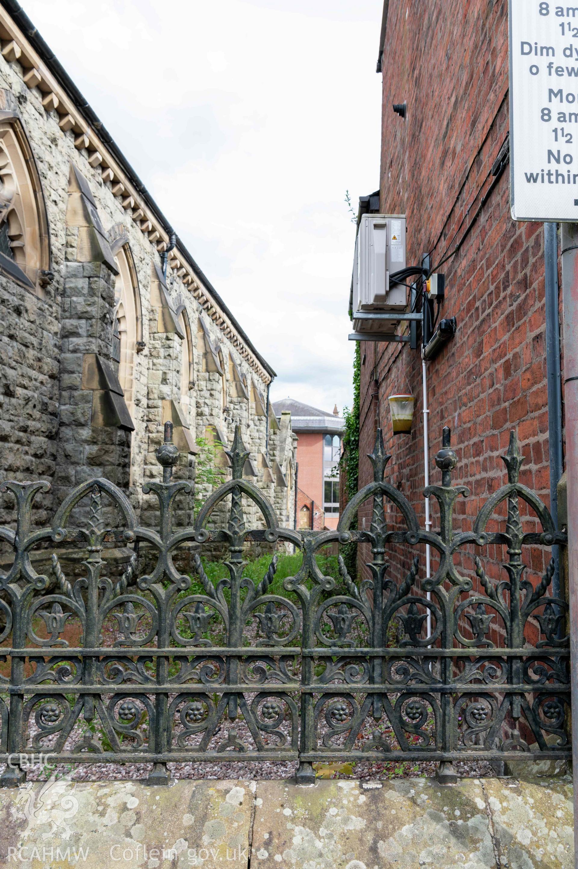 Newtown English Congregational Church, exterior view detail of iron railings.