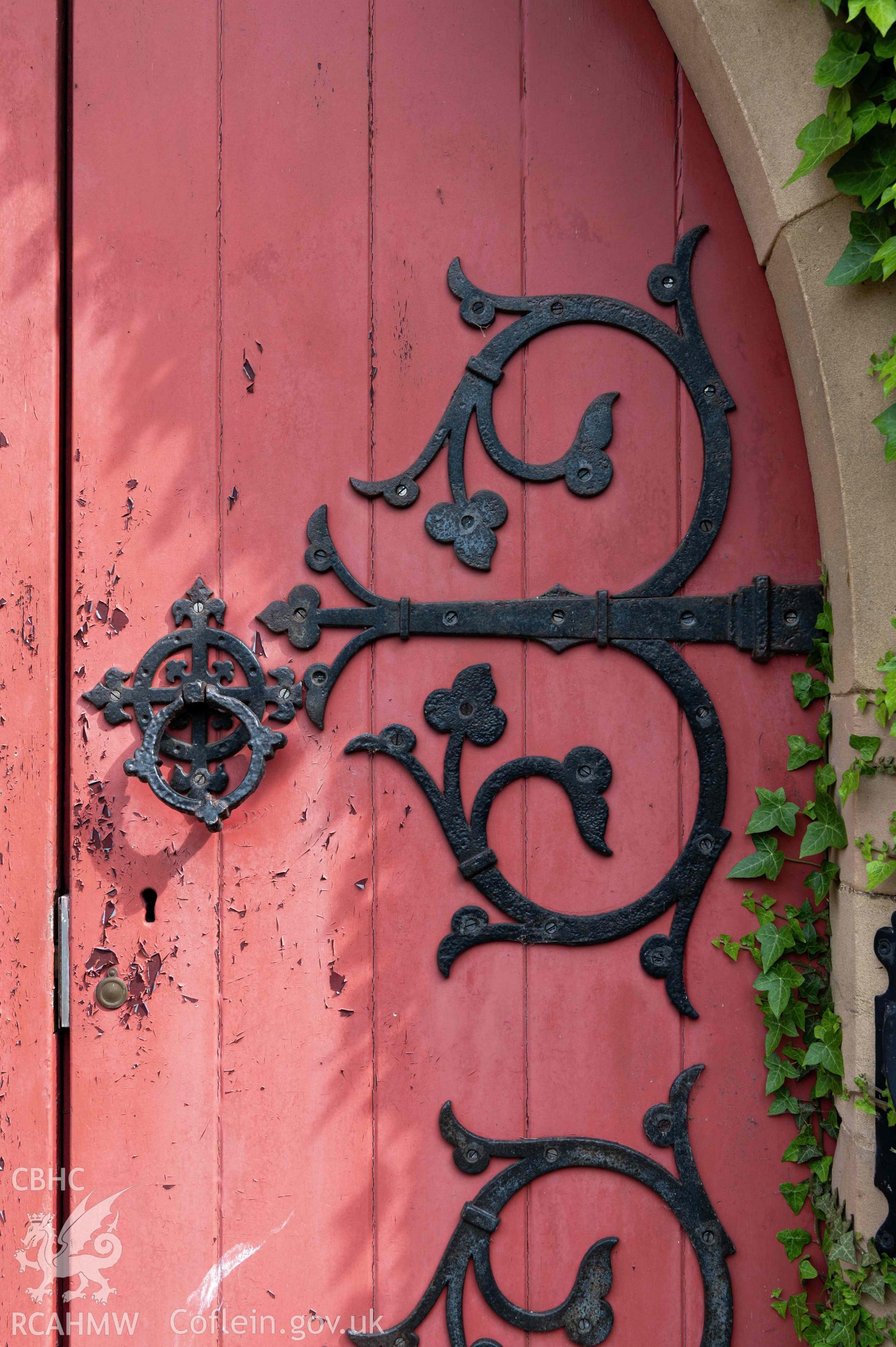 Newtown English Congregational Church, exterior view detail of ironwork to porch door.