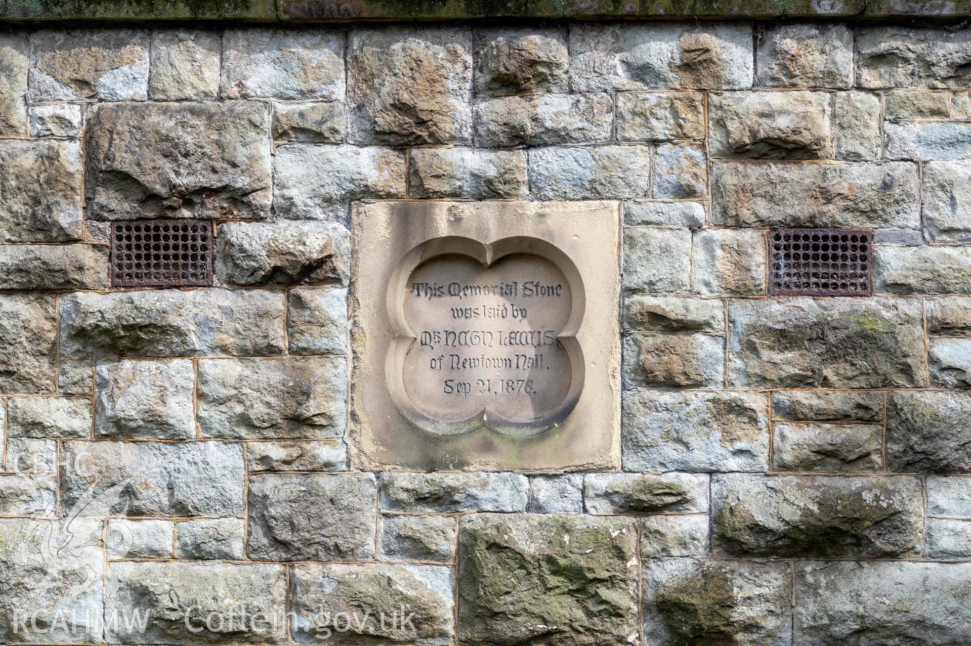 Newtown English Congregational Church, exterior view detail of foundation stone to front façade.