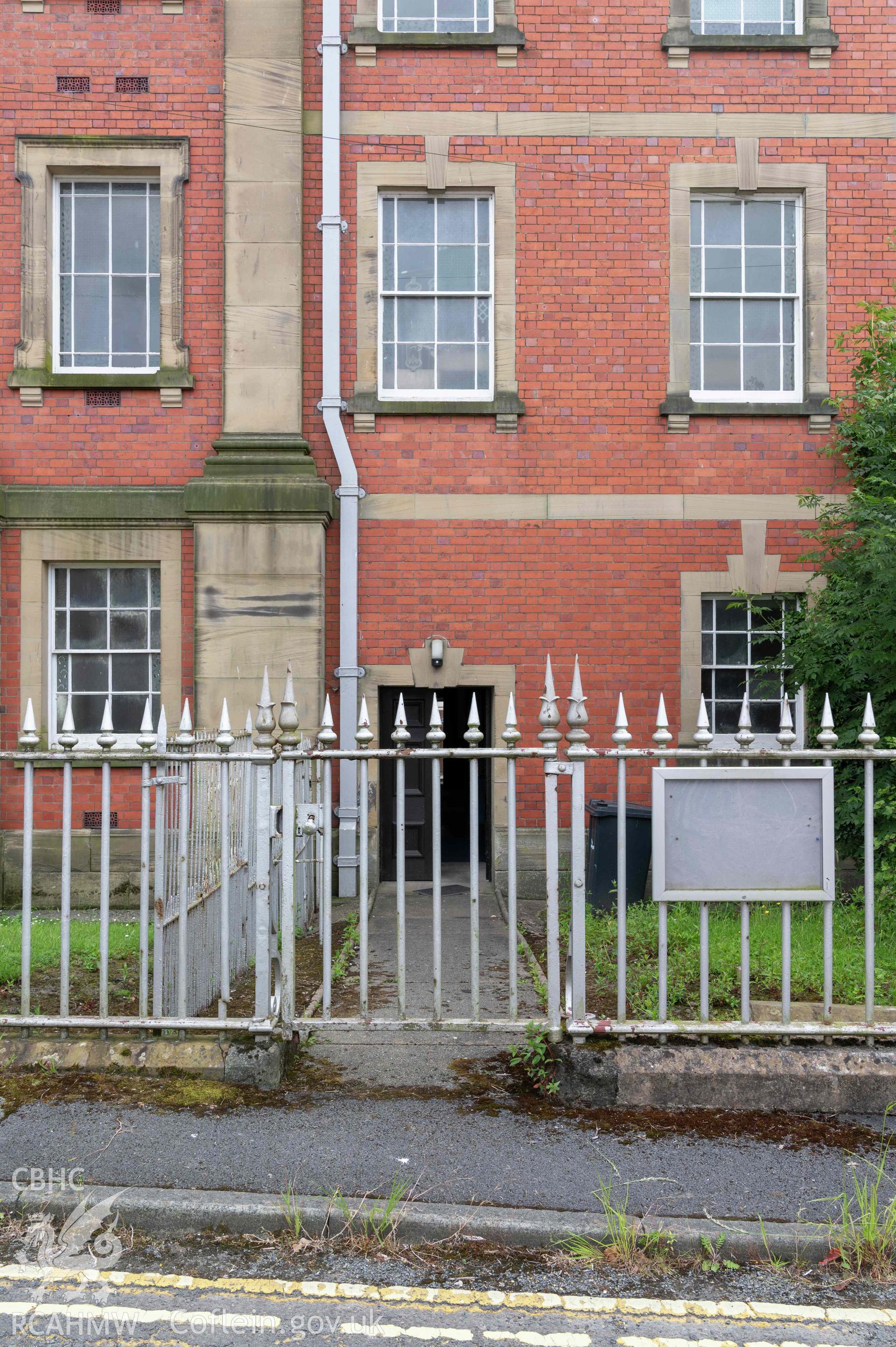 Capel Zion Baptist Chapel, Newtown - exterior detail of basement entrance to chapel in side (north-east) elevation to Butterfly Lane.