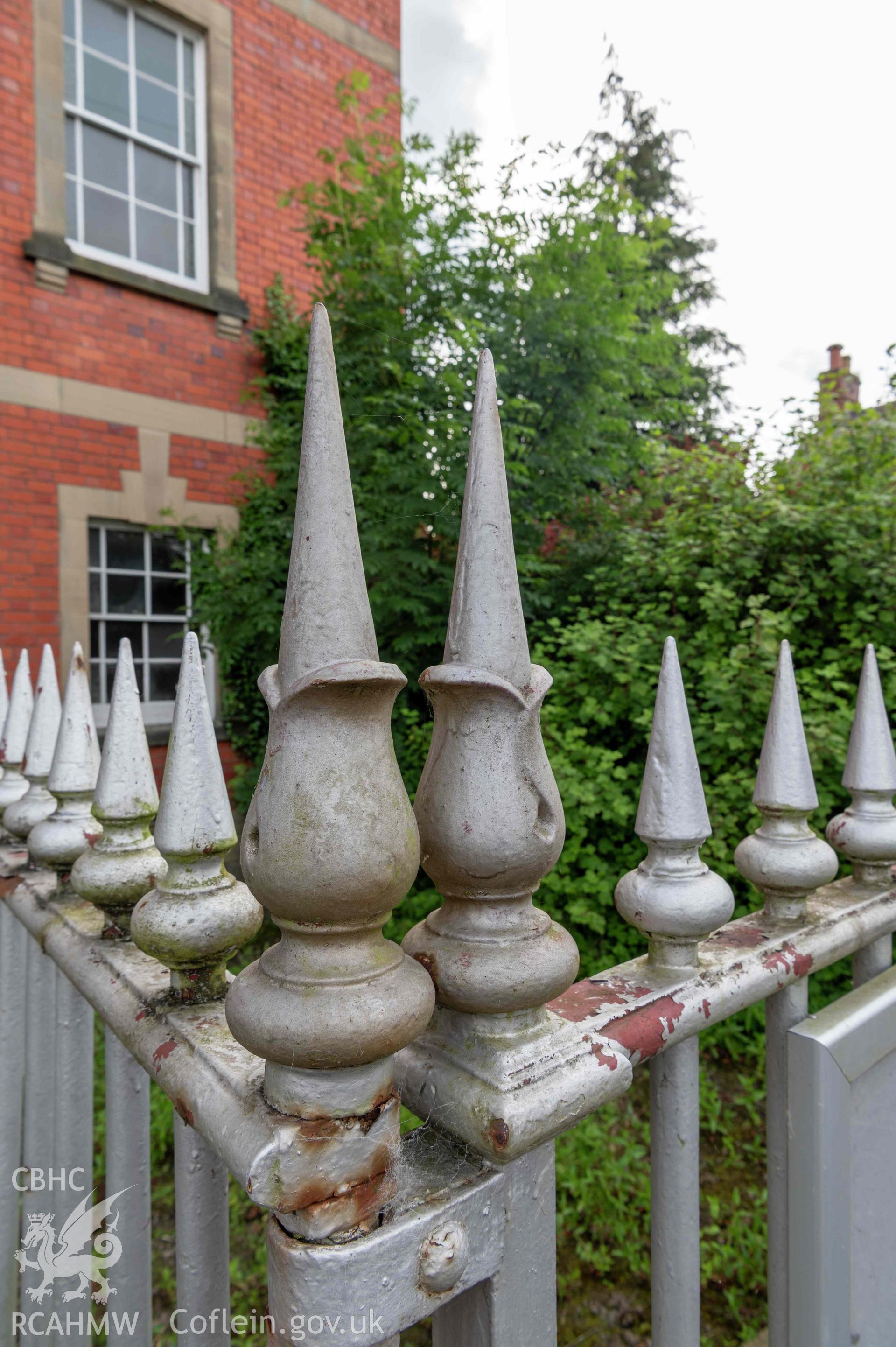 Capel Zion Baptist Chapel, Newtown - exterior detail of railings to side (north-east) elevation on Butterfly Lane.