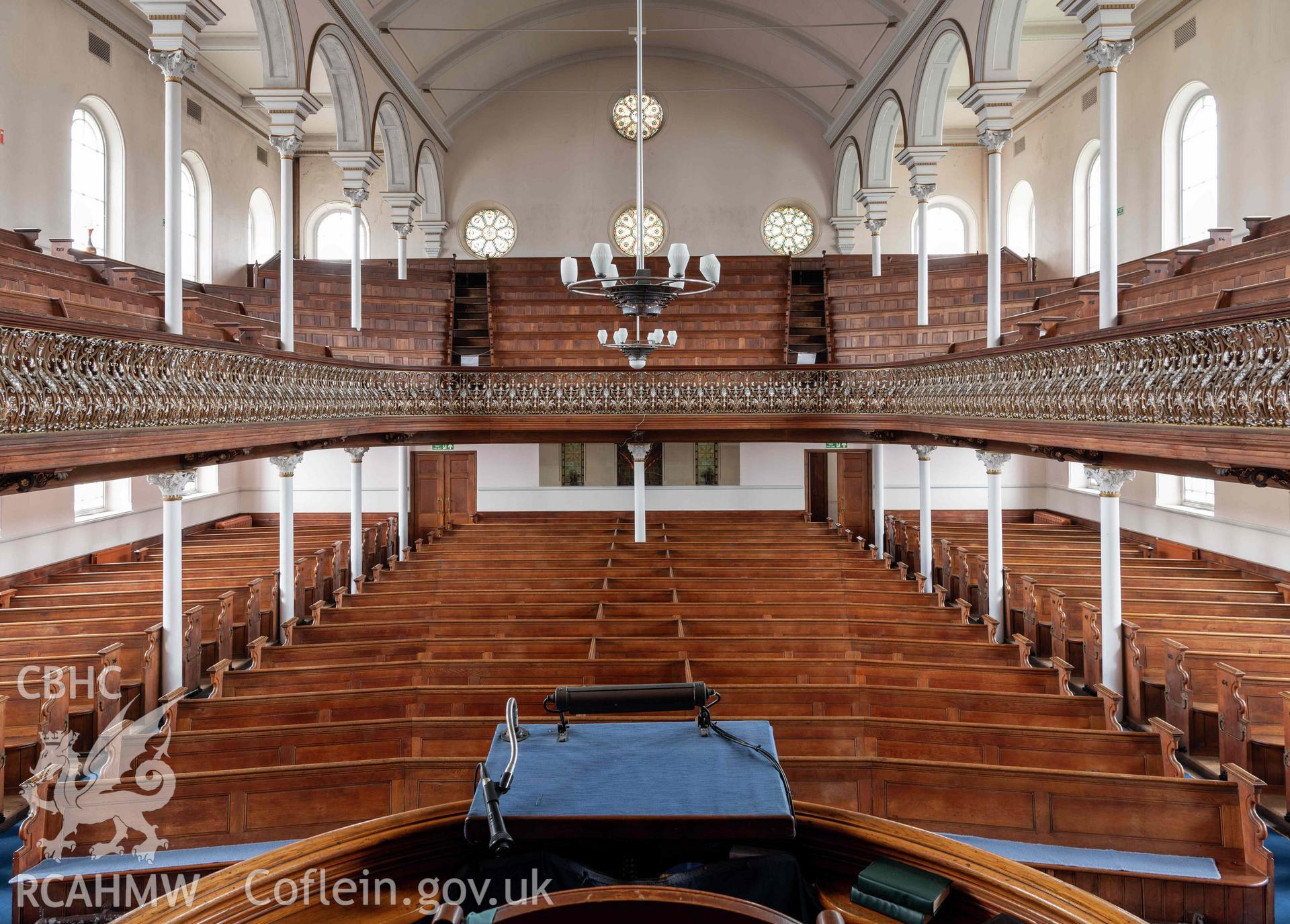 Capel Zion Baptist Chapel, Newtown - auditorium looking south-east from pulpit.