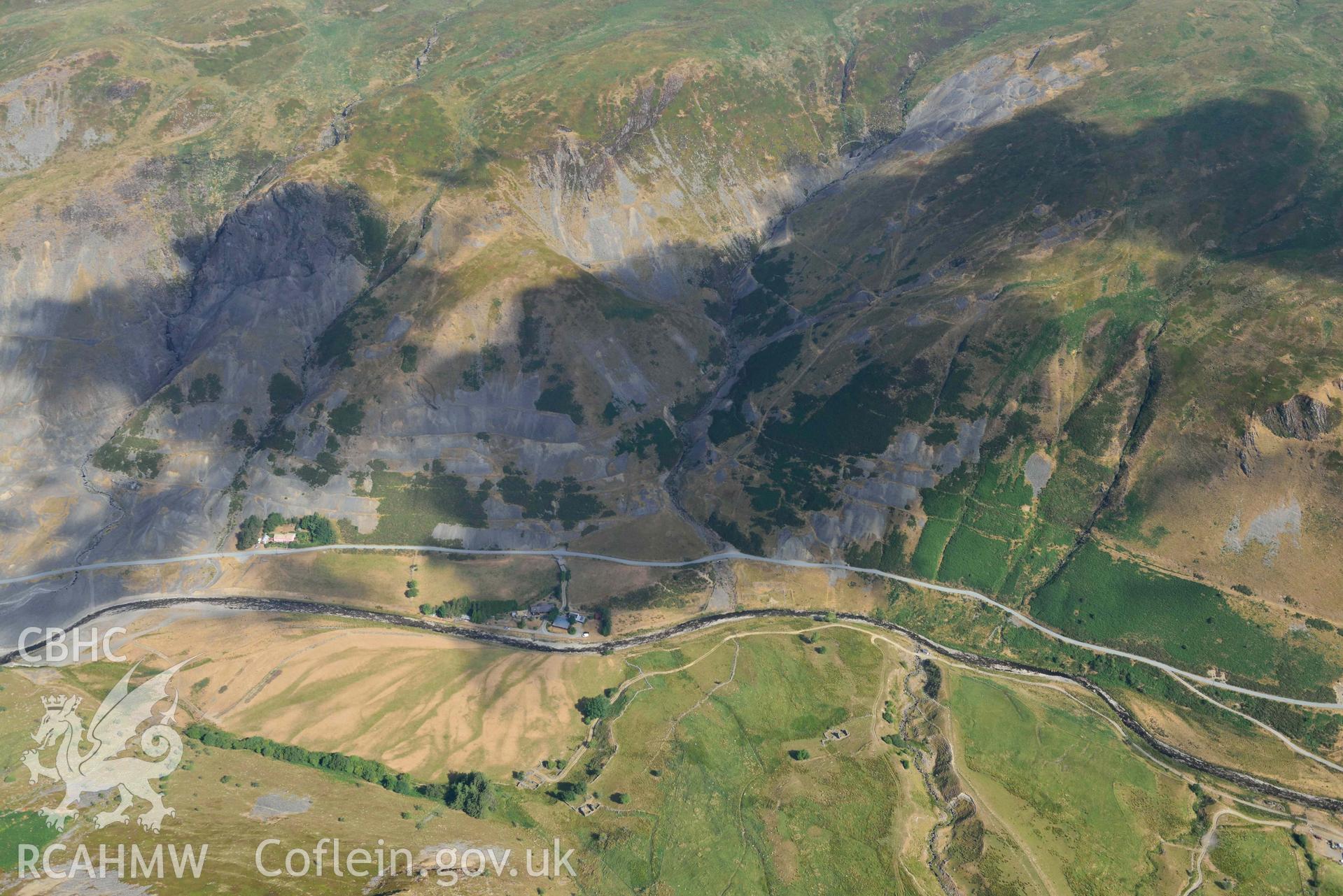 Cwmystwyth lead mines and Banc Tynddol Bronze Age Burial. Oblique aerial photograph taken during the Royal Commission’s programme of archaeological aerial reconnaissance by Toby Driver on 10 July 2018.