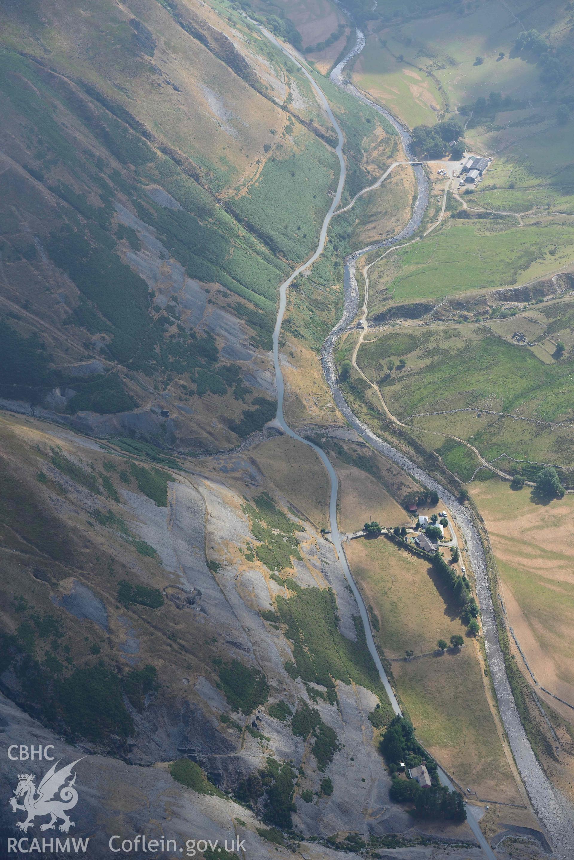 Cwmystwyth lead mines and Banc Tynddol Bronze Age Burial. Oblique aerial photograph taken during the Royal Commission’s programme of archaeological aerial reconnaissance by Toby Driver on 10 July 2018.