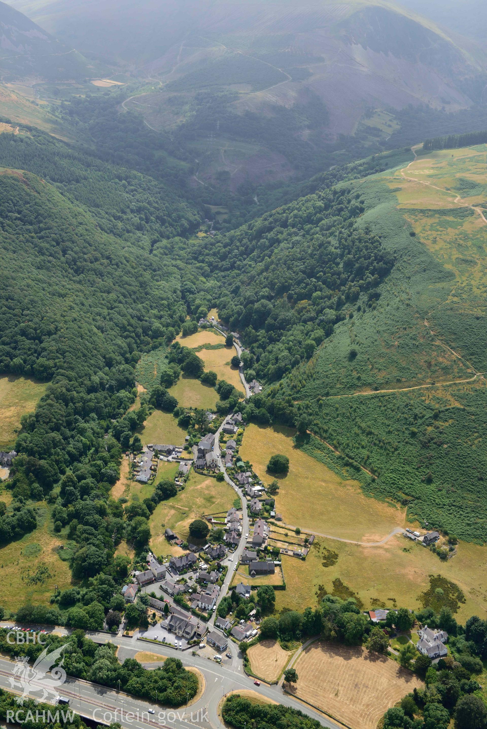 Abergwyngregyn and Aber Motte. Oblique aerial photograph taken during the Royal Commission’s programme of archaeological aerial reconnaissance by Toby Driver on 10 July 2018.