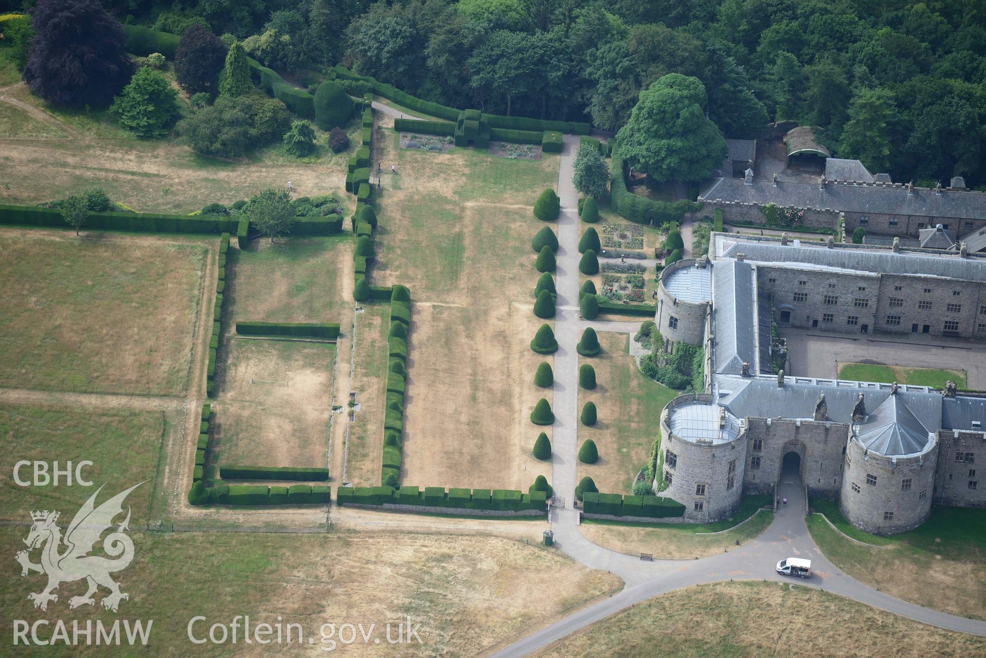 Chirk Castle, Park and Grounds. Oblique aerial photograph taken during the Royal Commission’s programme of archaeological aerial reconnaissance by Toby Driver on 10 July 2018.