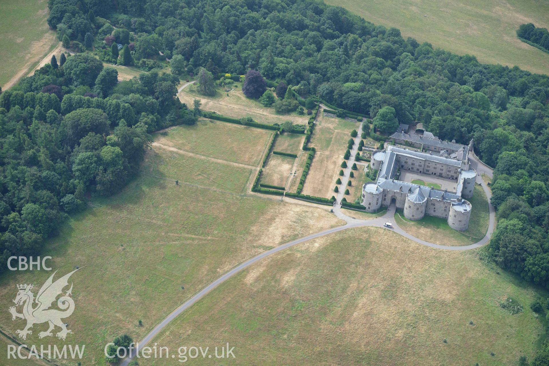 Chirk Castle, Park and Grounds. Oblique aerial photograph taken during the Royal Commission’s programme of archaeological aerial reconnaissance by Toby Driver on 10 July 2018.