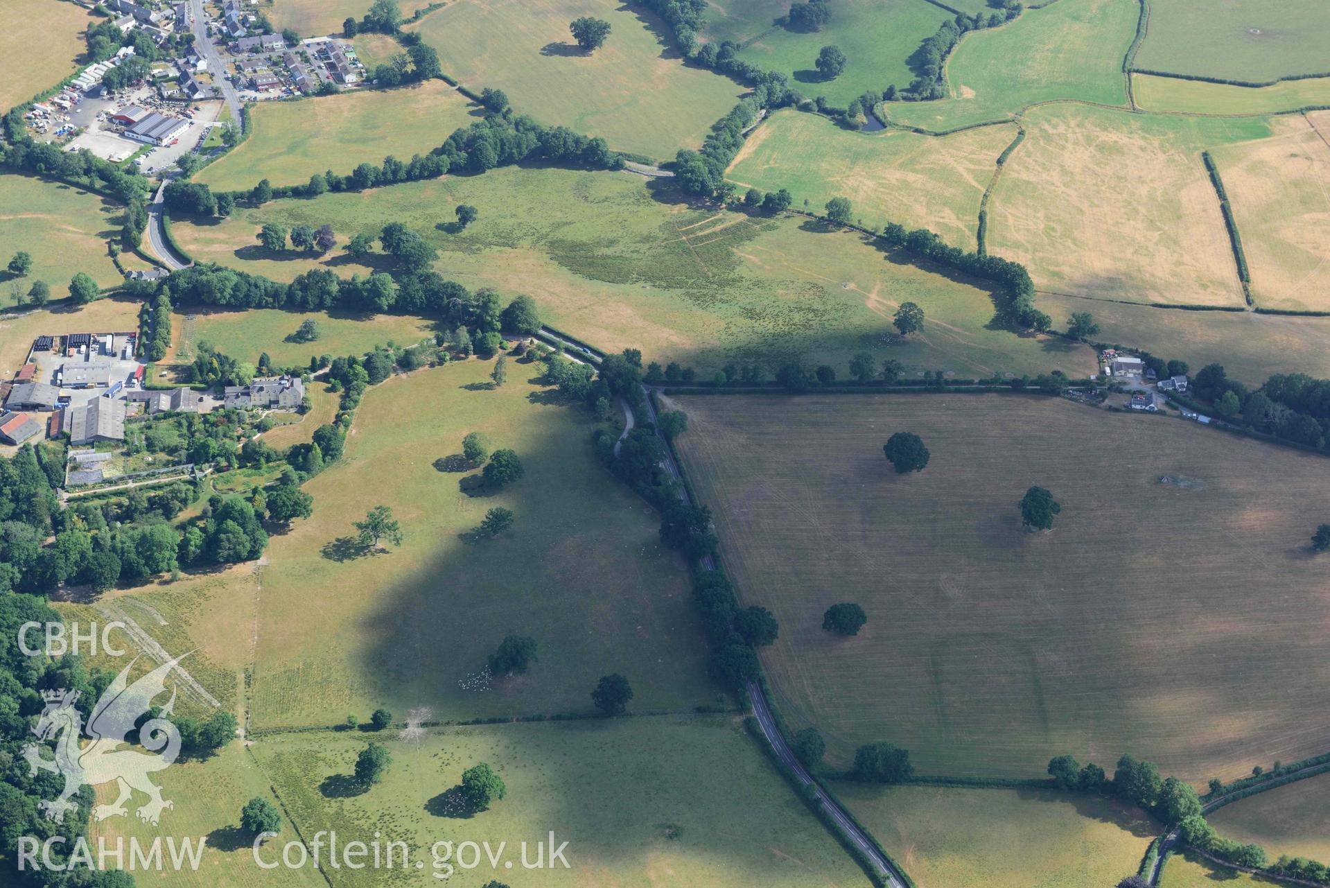 Site of gardens at Llanllyr. Oblique aerial photograph taken during the Royal Commission’s programme of archaeological aerial reconnaissance by Toby Driver on 10 July 2018.