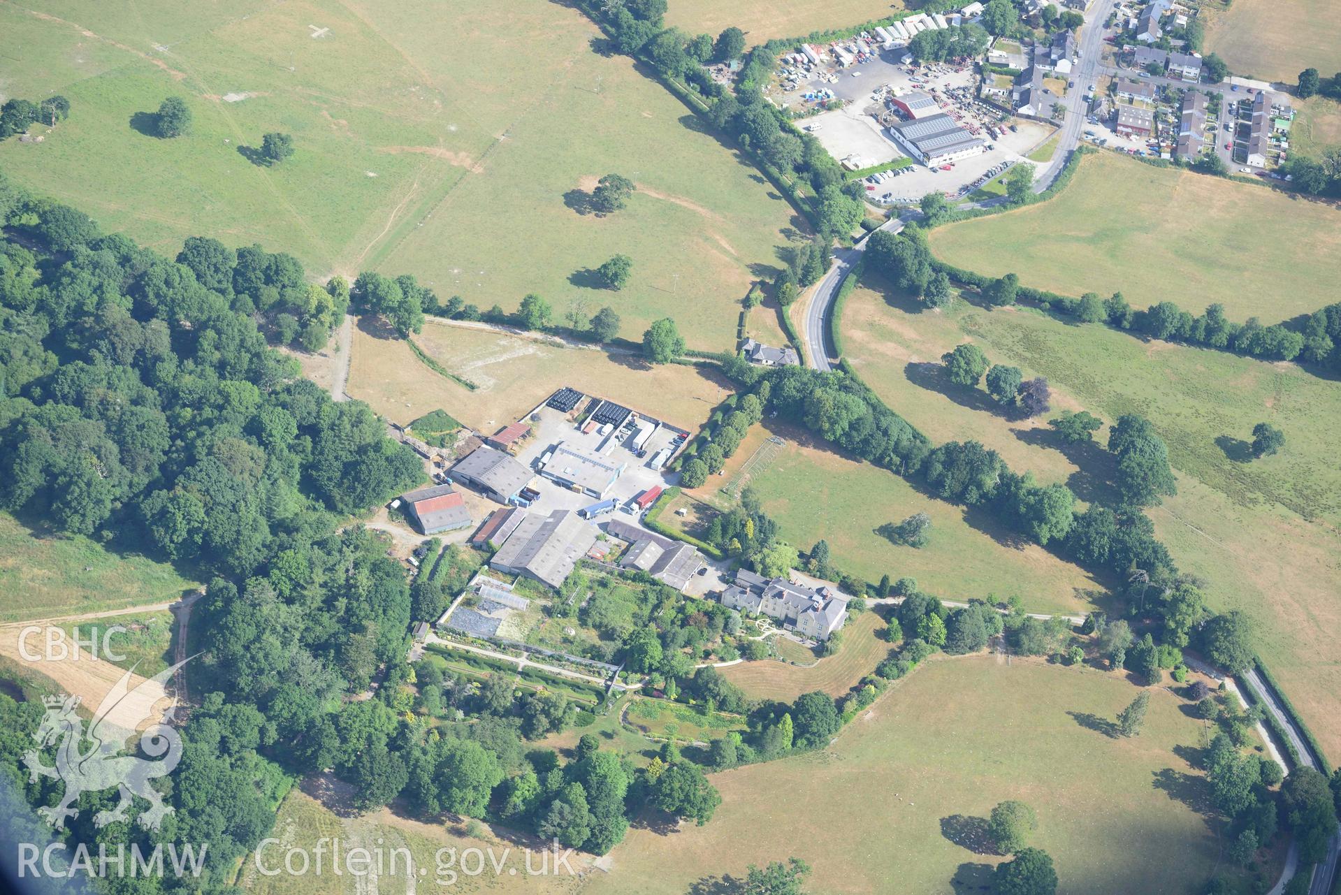 Site of gardens at Llanllyr. Oblique aerial photograph taken during the Royal Commission’s programme of archaeological aerial reconnaissance by Toby Driver on 10 July 2018.