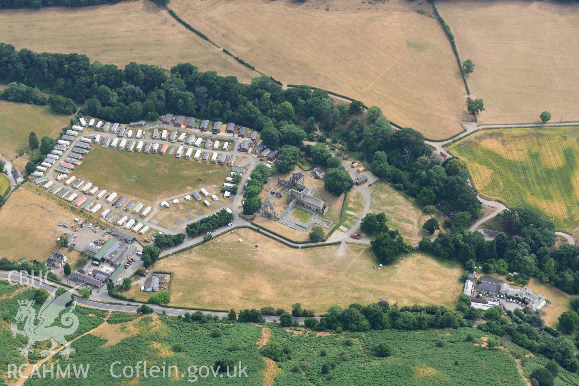 Vale Crucis Abbey. Oblique aerial photograph taken during the Royal Commission’s programme of archaeological aerial reconnaissance by Toby Driver on 10 July 2018.