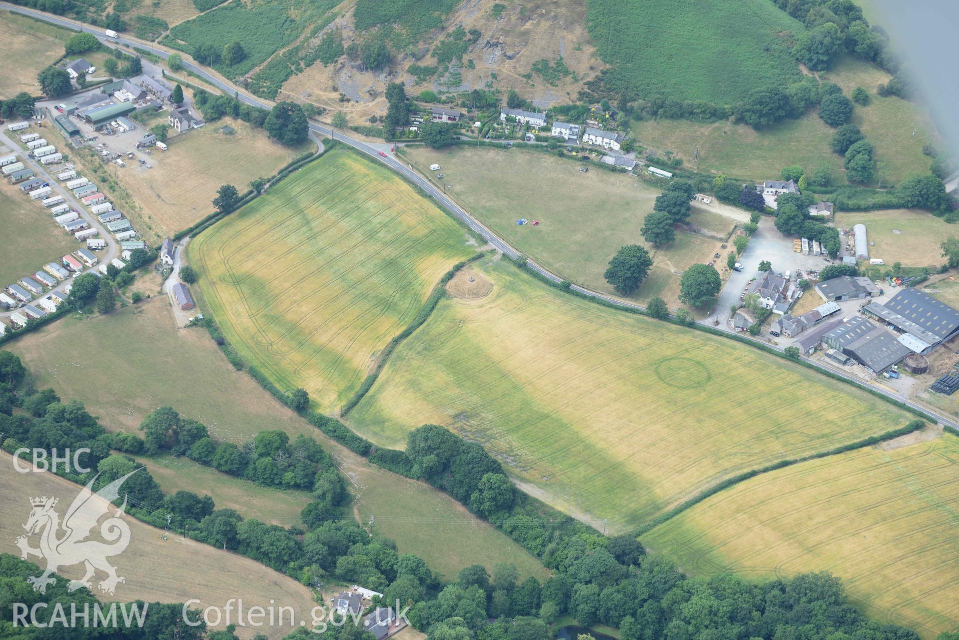 Pillar of Eliseg and Eliseg Ring Ditch. Oblique aerial photograph taken during the Royal Commission’s programme of archaeological aerial reconnaissance by Toby Driver on 10 July 2018.