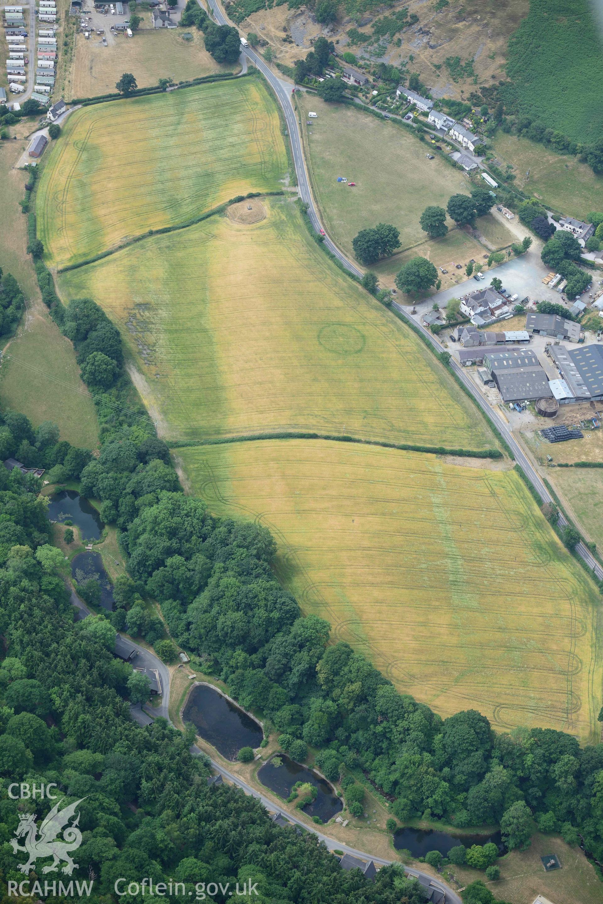 Pillar of Eliseg and Eliseg Ring Ditch. Oblique aerial photograph taken during the Royal Commission’s programme of archaeological aerial reconnaissance by Toby Driver on 10 July 2018.