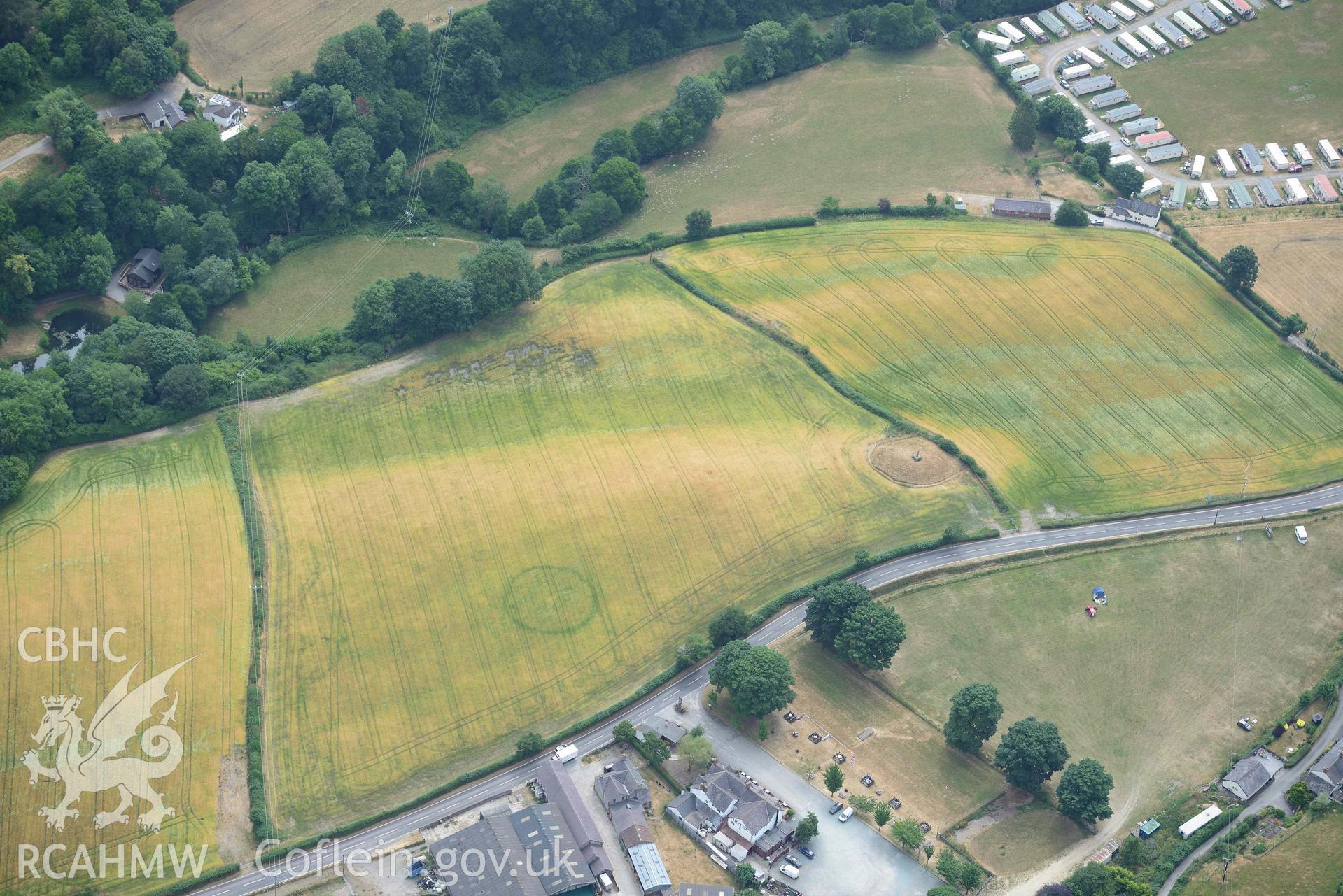 Pillar of Eliseg and Eliseg Ring Ditch. Oblique aerial photograph taken during the Royal Commission’s programme of archaeological aerial reconnaissance by Toby Driver on 10 July 2018.