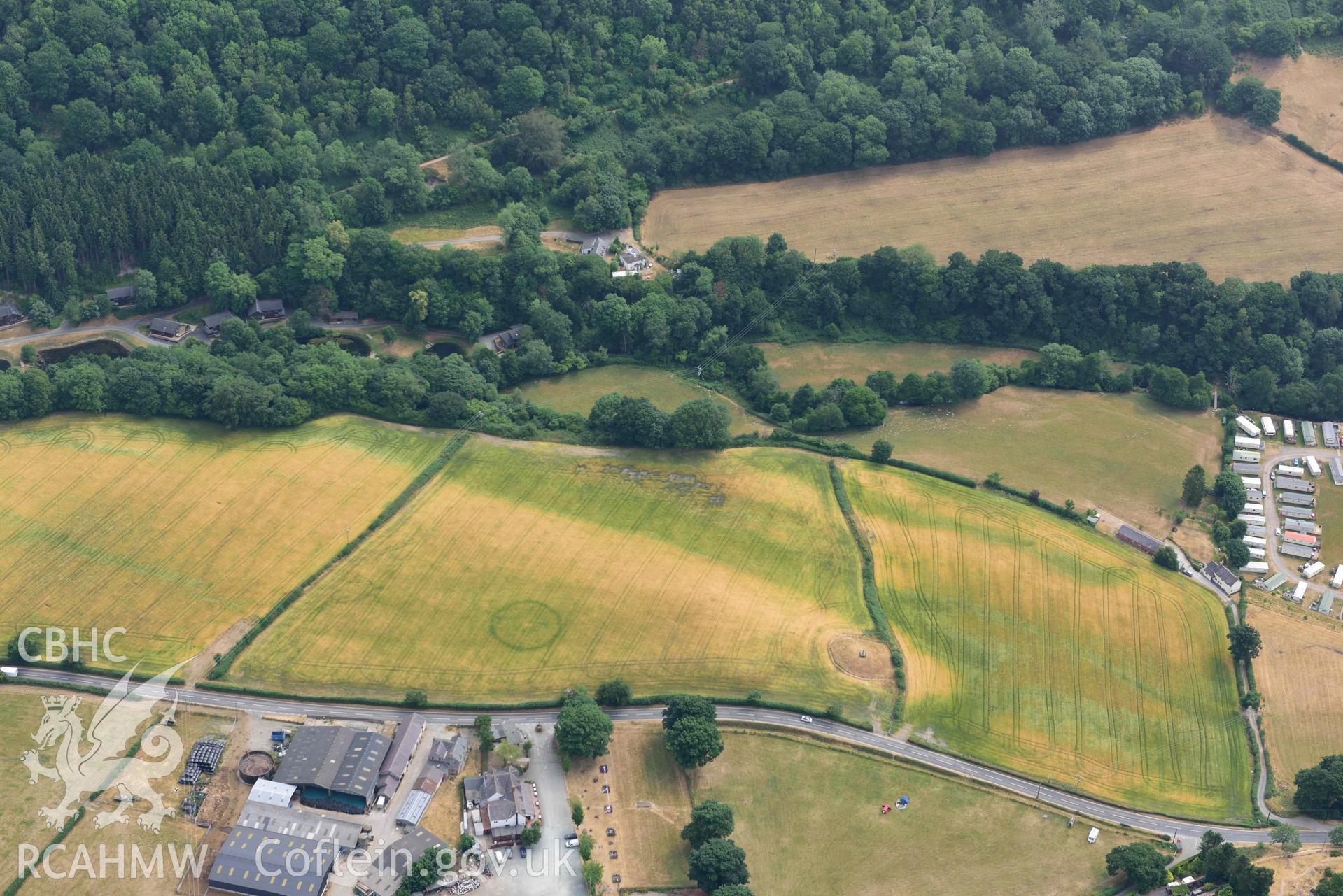 Pillar of Eliseg and Eliseg Ring Ditch. Oblique aerial photograph taken during the Royal Commission’s programme of archaeological aerial reconnaissance by Toby Driver on 10 July 2018.