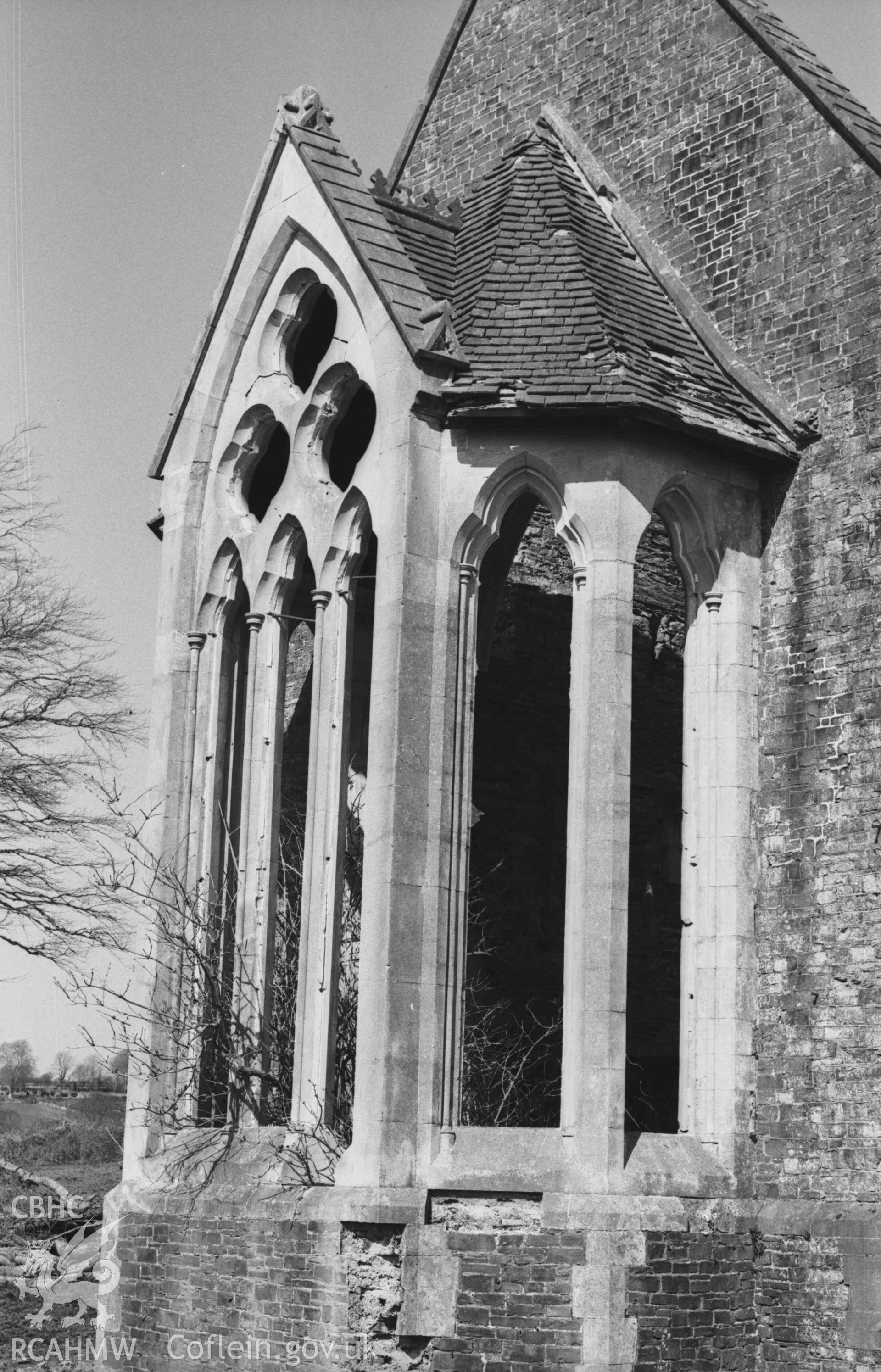 Digital copy of a black and white negative showing the west window of Bronwydd. Photographed by Arthur Chater on 5 April 1969. Looking north from Grid Reference SN 3531 4320.