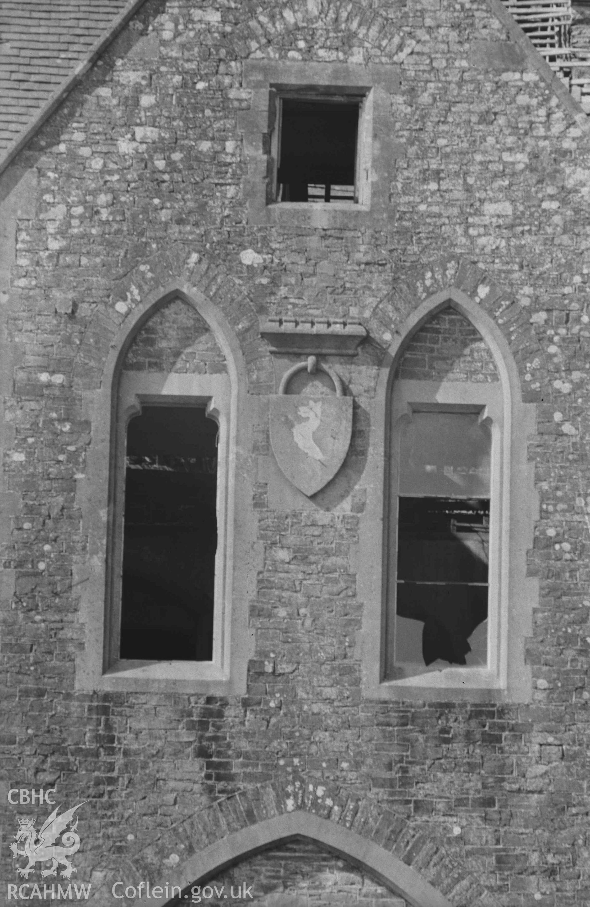 Digital copy of a black and white negative showing detail of window opening at the Bronwydd ruins. Photographed by Arthur Chater on 5 April 1969. Looking north north west from Grid Reference SN 3534 4317.