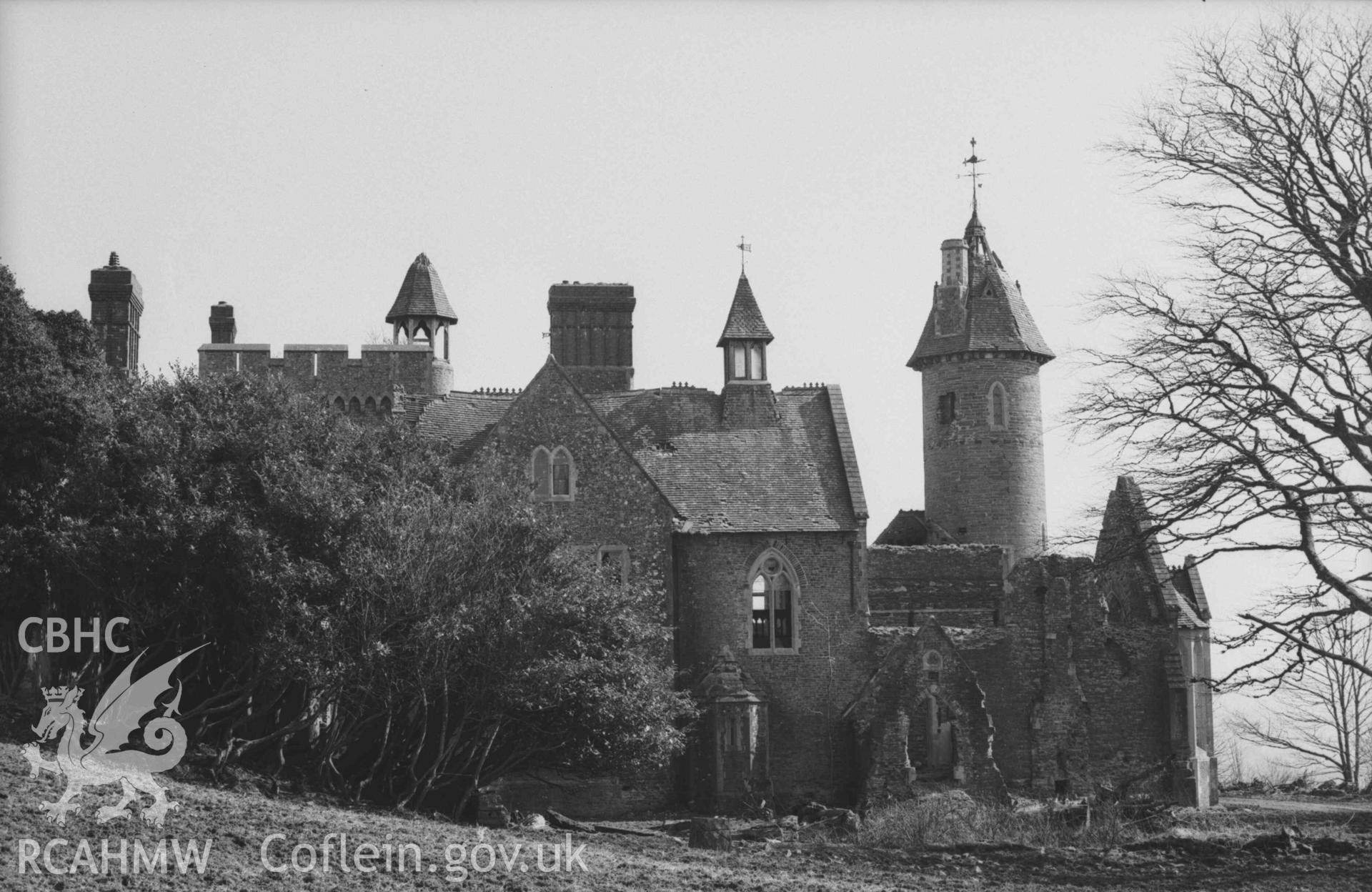 Digital copy of a black and white negative showing the Bronwydd ruins. Photographed by Arthur Chater on 5 April 1969. Looking east from Grid Reference SN 3529 4328.