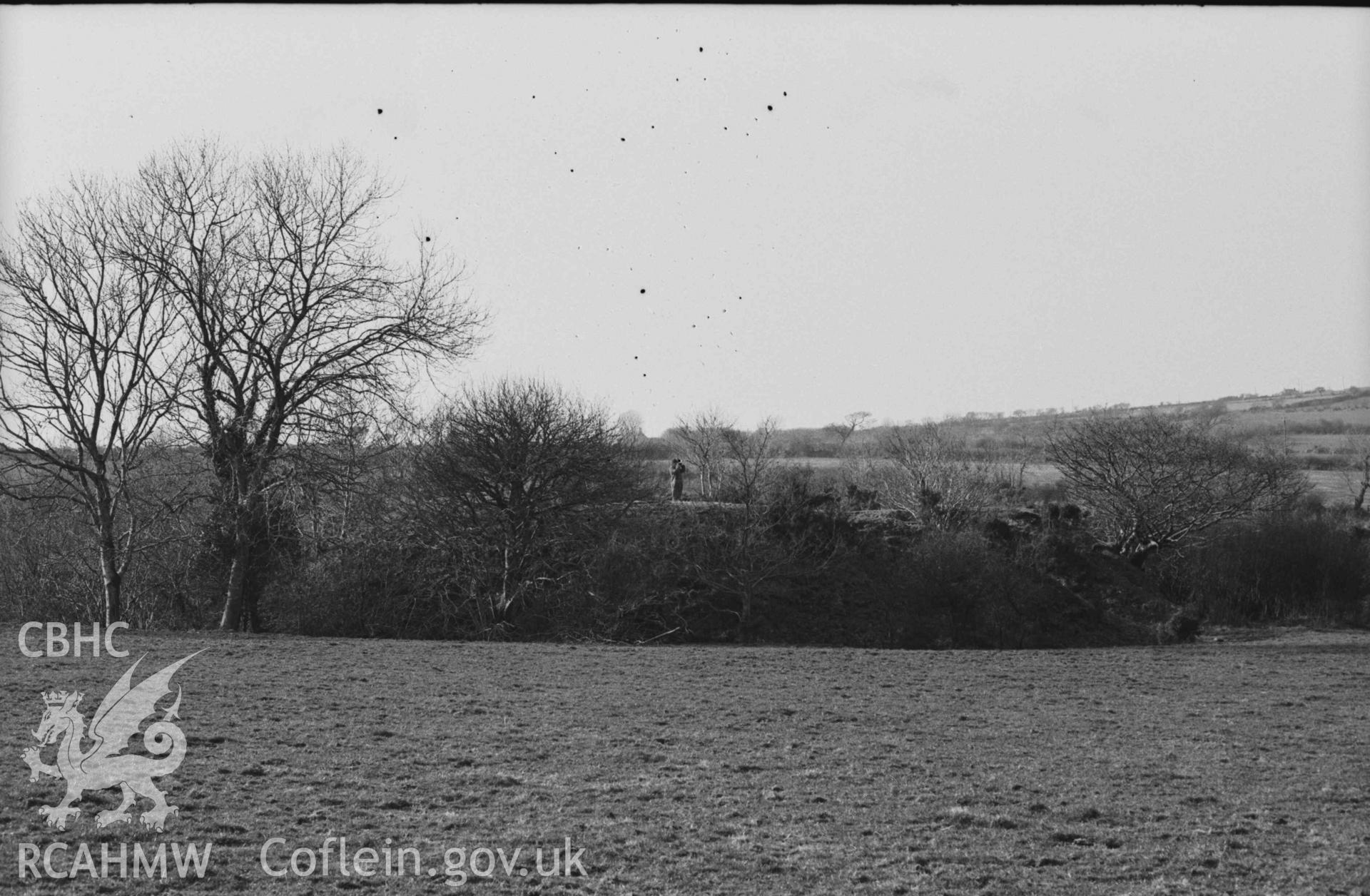 Digital copy of a black and white negative showing Norman motte 100m north east of the Llanfairtrefhelygen church ruins. Photographed by Arthur Chater on 5 April 1969. Looking north west from Grid Reference SN 3447 4418.