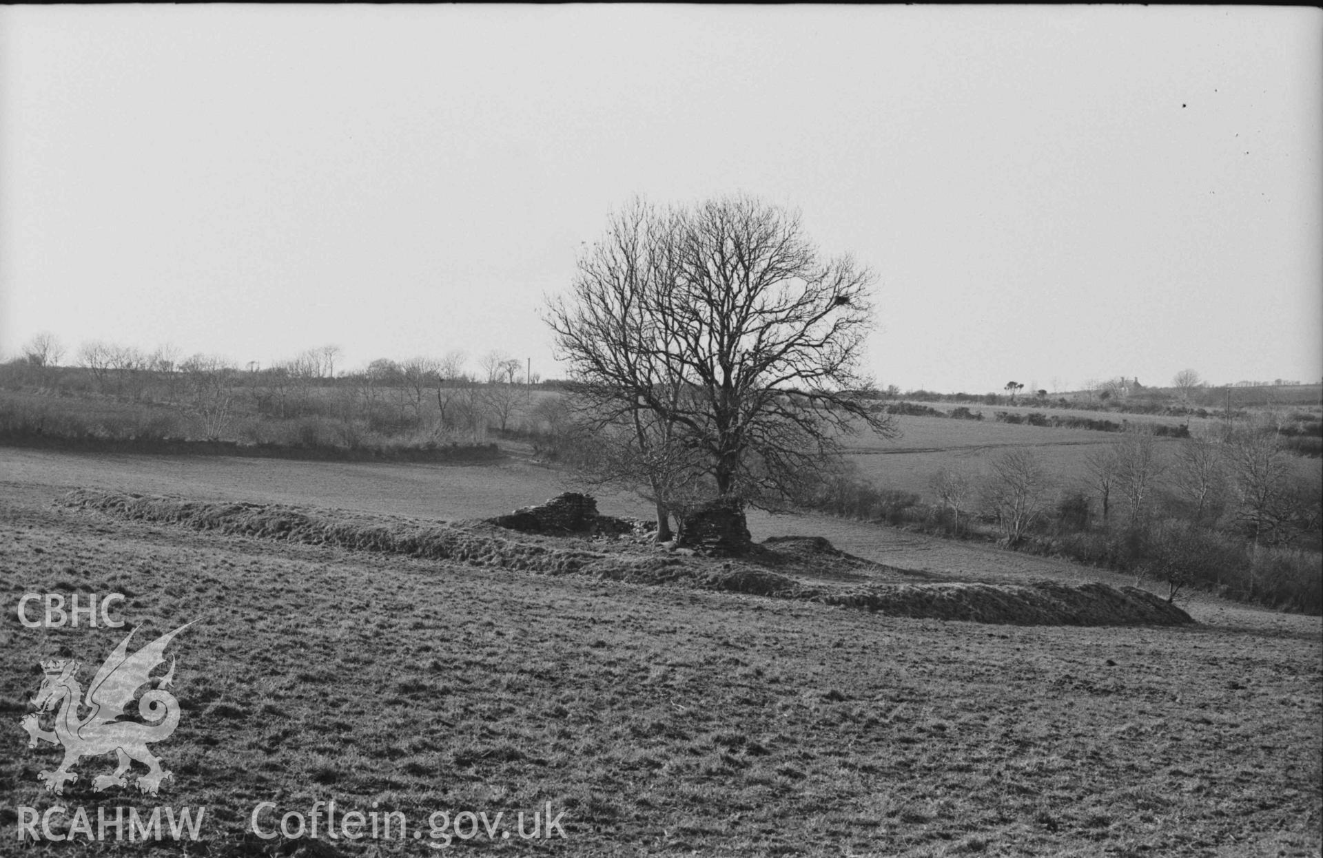 Digital copy of a black and white negative showing the Llanfairtrefhelygen church ruins. Photographed by Arthur Chater on 5 April 1969. Looking north west from Grid Reference SN 3444 4418.