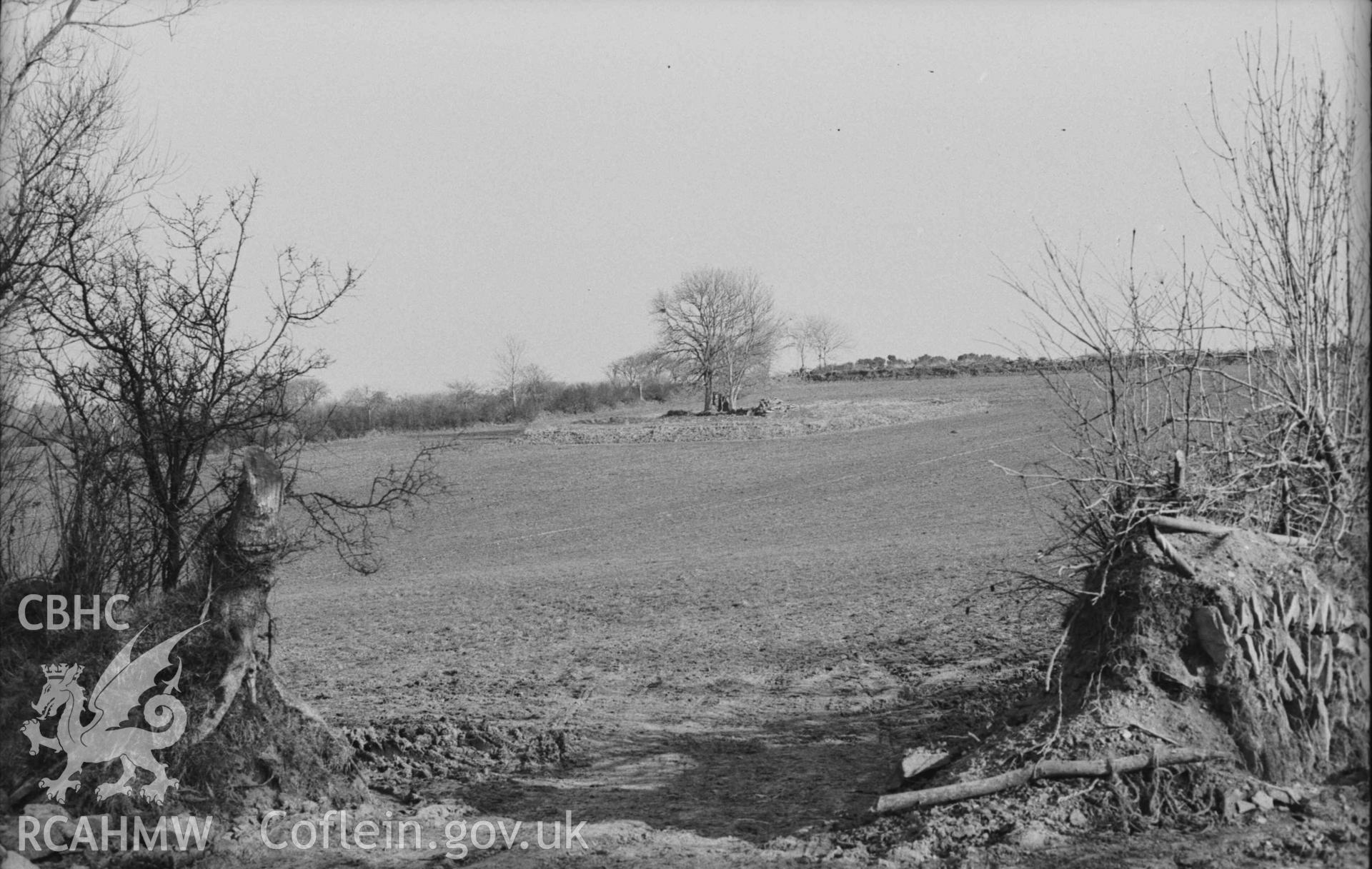 Digital copy of a black and white negative showing Llanfairtrefhelygen church ruins. Photographed by Arthur Chater on 5 April 1969. Looking south south east from Grid Reference SN 3432 4425.