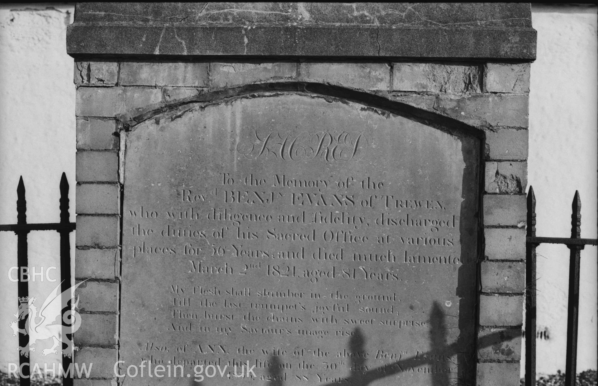 Digital copy of a black and white negative showing tomb of the Rev. Benjamin Evans in front of Capel Hawen. Photographed by Arthur Chater on 5 April 1969. Grid Reference SN 3464 4680.