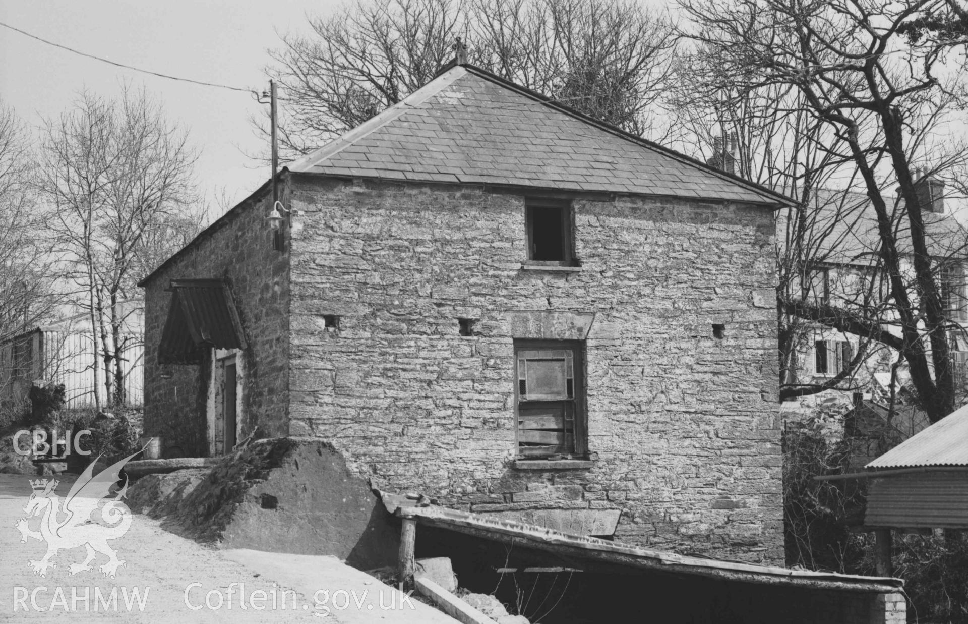 Digital copy of a black and white negative showing Felin-Wnda mill building. Photographed by Arthur Chater on 7 April 1969. Looking east from Grid Reference SN 3233 4692.