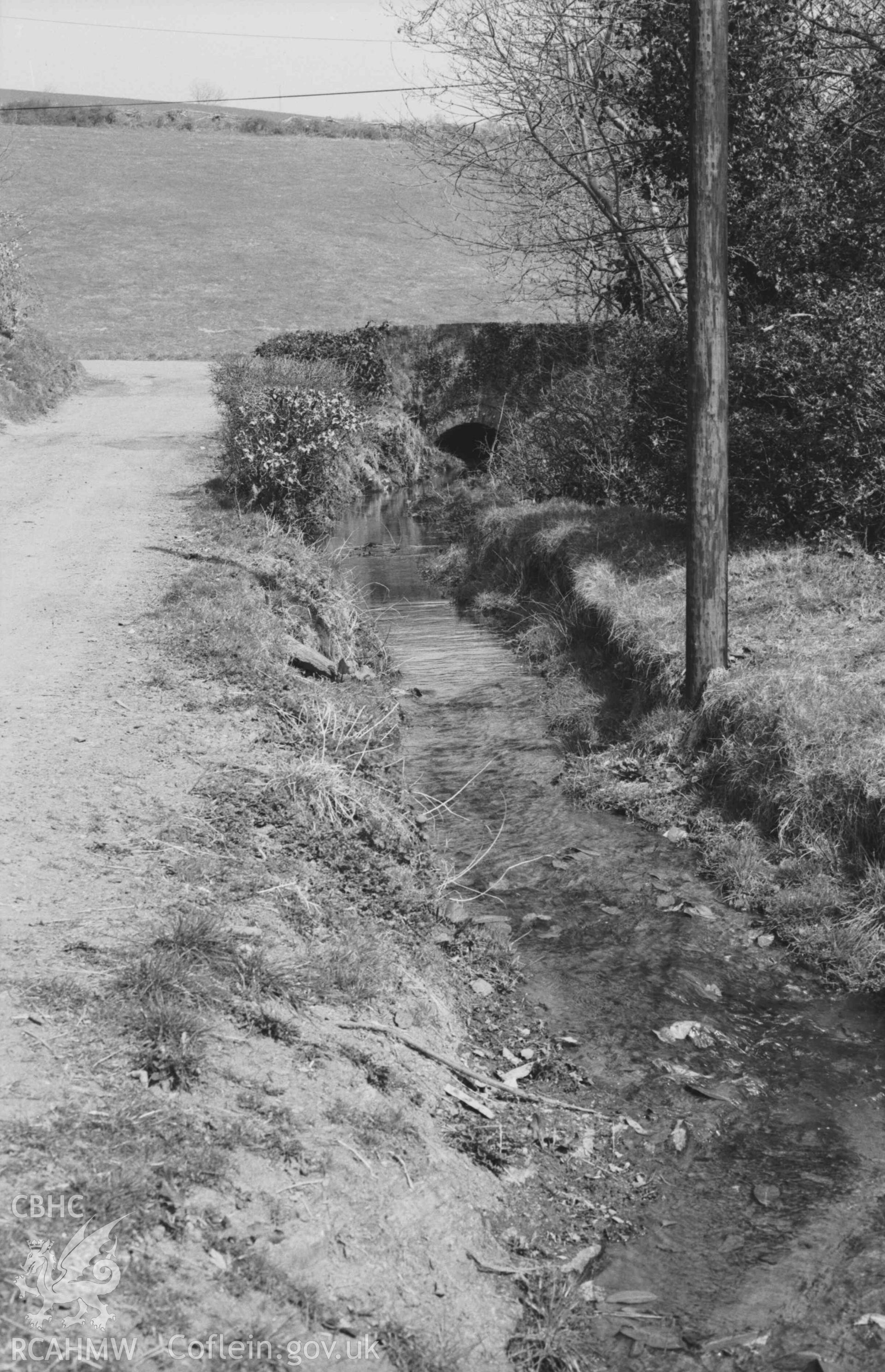 Digital copy of a black and white negative showing mill stream of Felin-Wnda mill, looking up to where it passes under Pont Wnda, on the north side of the Afon Ceri. Photographed by Arthur Chater on 7 April 1969. Looking north east from Grid Reference SN 3235 4693.