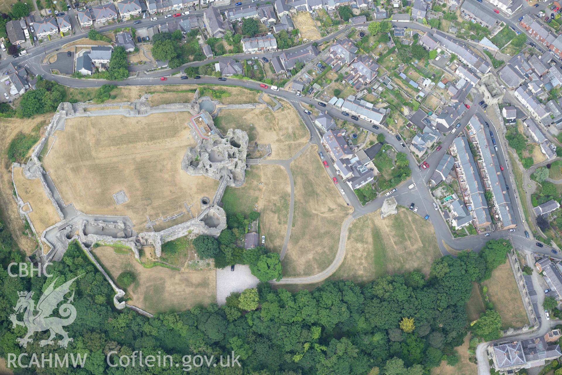 Denbigh Castle and St Hilary's Chapel. Oblique aerial photograph taken during the Royal Commission’s programme of archaeological aerial reconnaissance by Toby Driver on 10 July 2018.