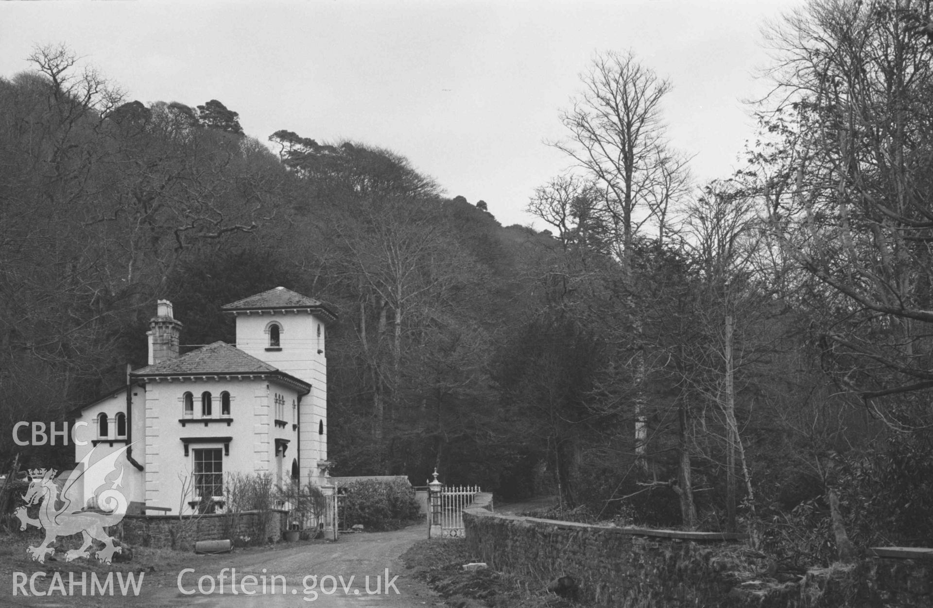 Digital copy of a black and white negative showing the Lodge, Nanteos. Photographed by Arthur Chater on 11 April 1969. Looking east south east from Grid Reference SN 6120 7862.