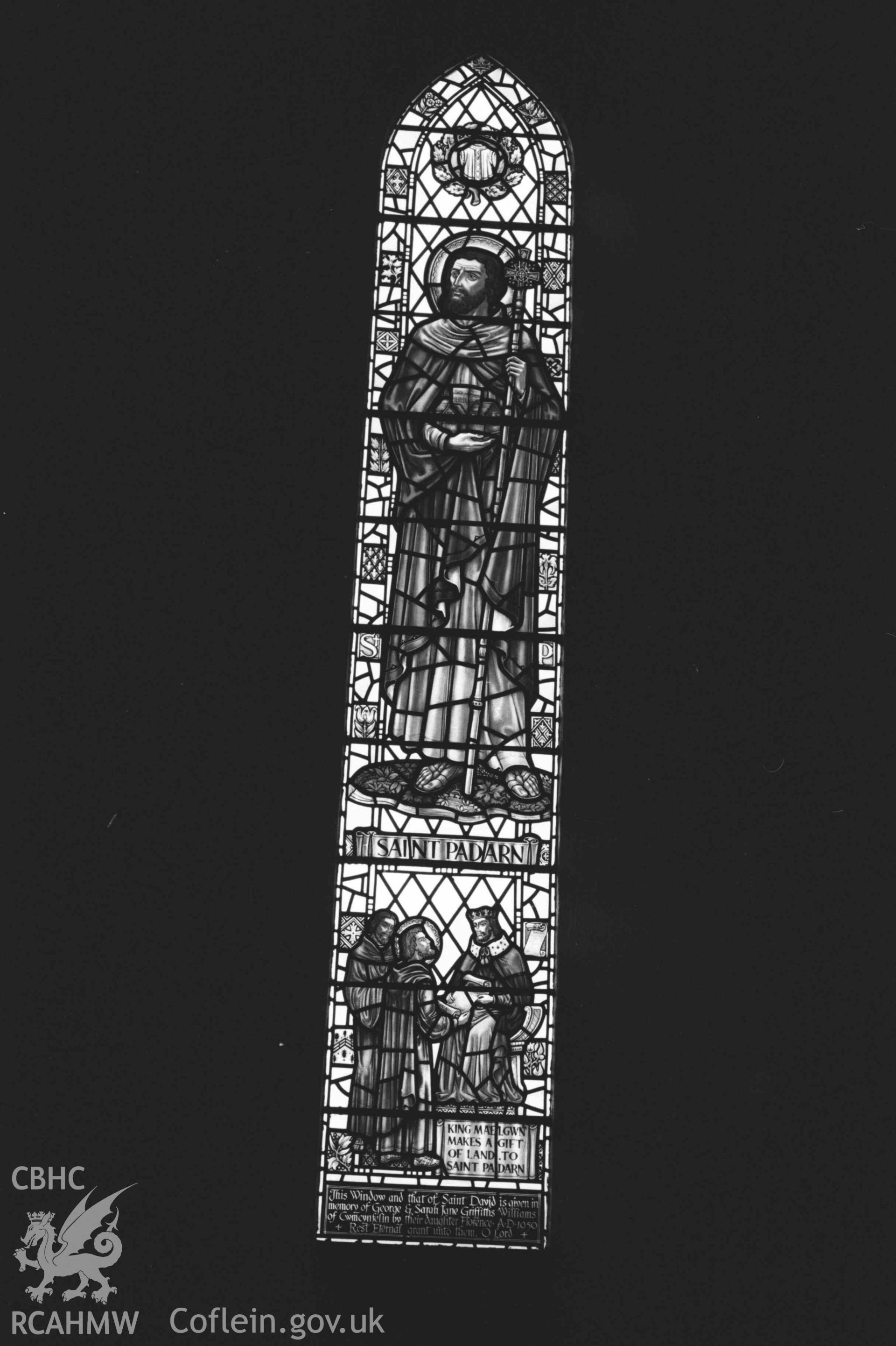 Digital copy of a black and white negative showing stained glass window in All Saints' Churchyard, Llangorwen. Photographed by Arthur Chater on 12 April 1969. Grid Reference SN 6033 8383.