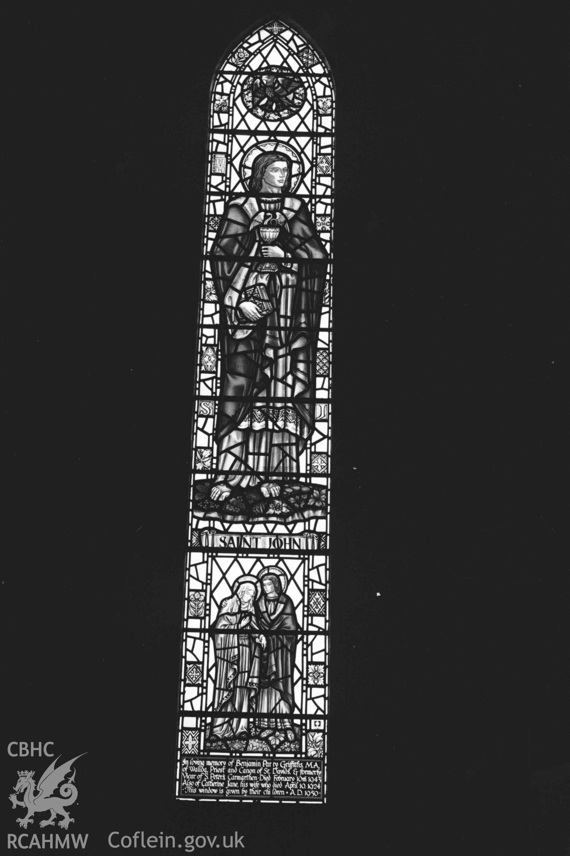 Digital copy of a black and white negative showing stained glass window in All Saints' Churchyard, Llangorwen. Photographed by Arthur Chater on 12 April 1969. Grid Reference SN 6033 8383.