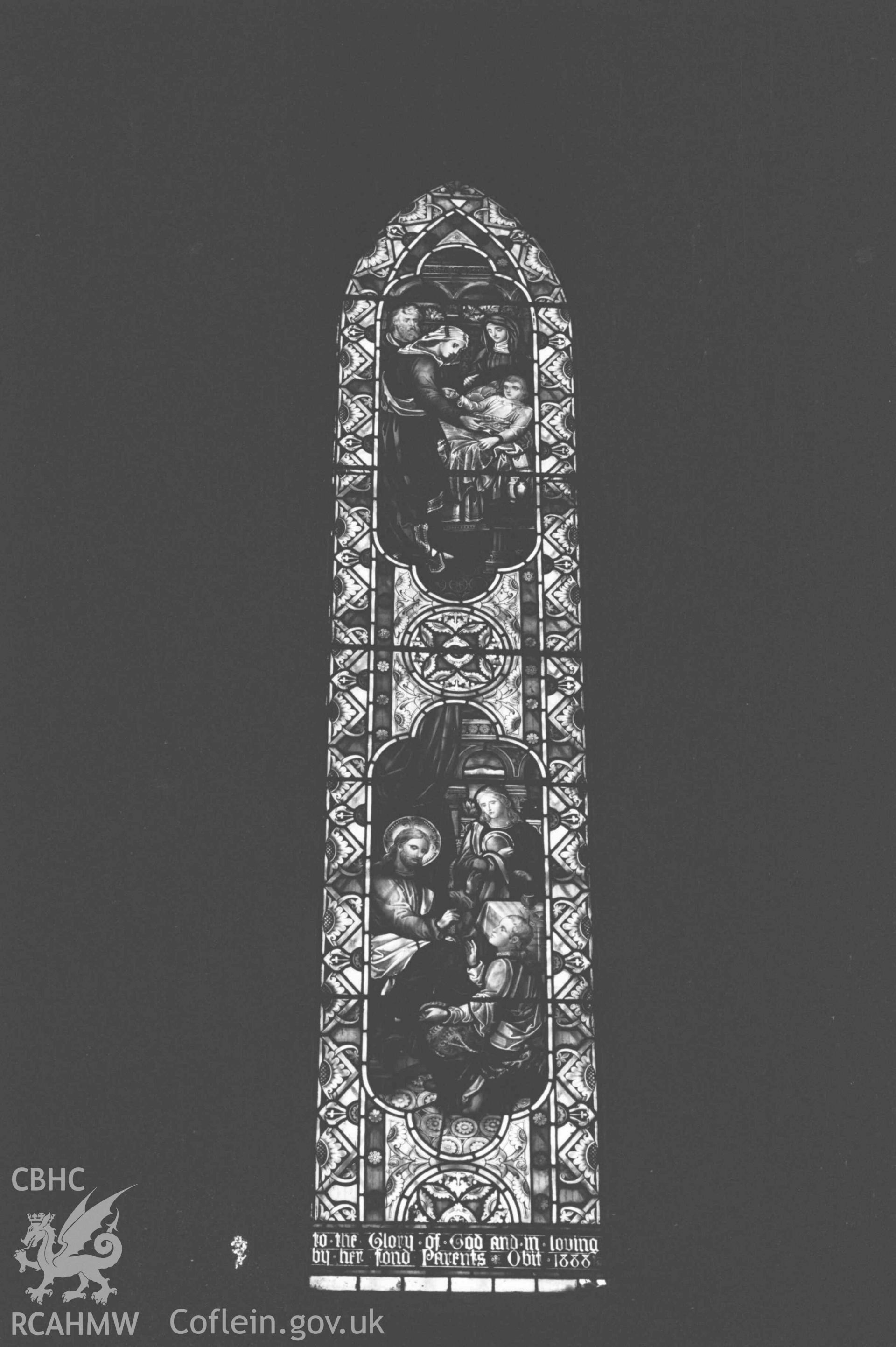 Digital copy of a black and white negative showing stained glass window in All Saints' Churchyard, Llangorwen. Photographed by Arthur Chater on 12 April 1969. Grid Reference SN 6033 8383.