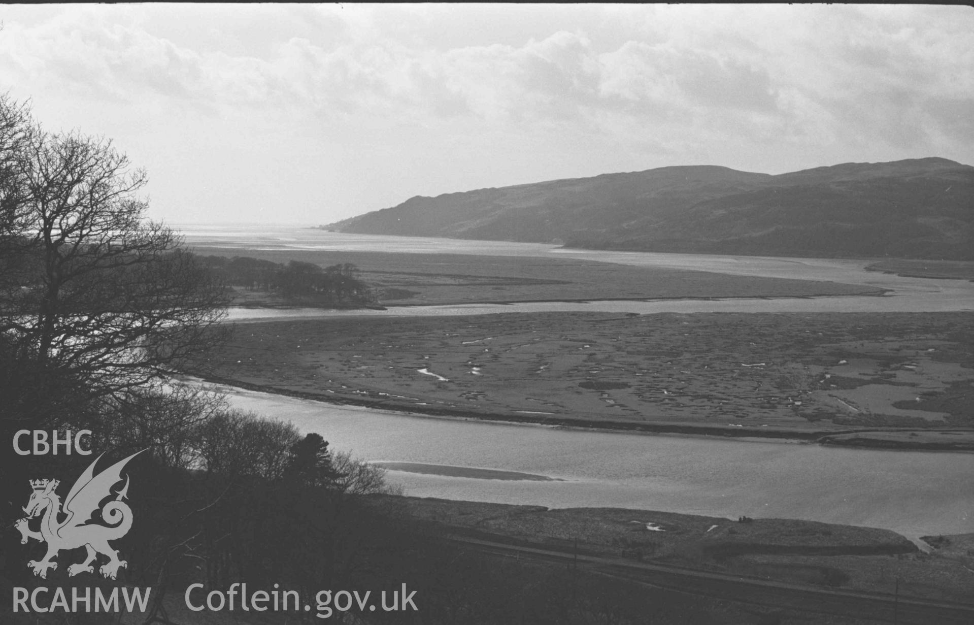 Digital copy of a black and white negative showing view down the Dyfi estuary from the hillside at 200ft .alt. above Garreg. Photographed by Arthur Chater on 12 April 1969. Looking west from Grid Reference 6980 9700