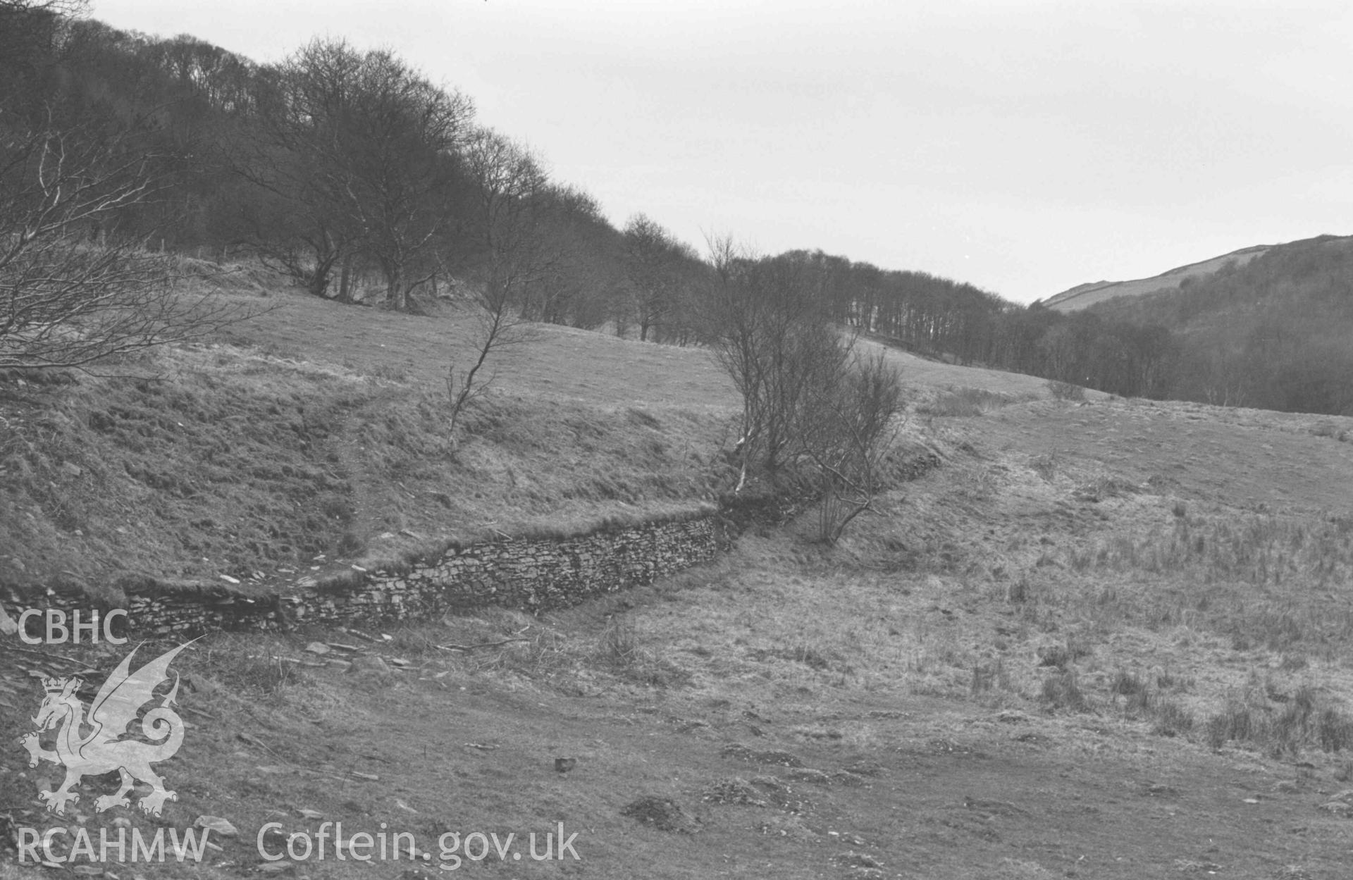 Digital copy of a black and white negative showing embankment of Hafan-Llandre railway, from the road to Capel Bethesda. Photographed by Arthur Chater on 13 April 1969. Looking east from Grid Reference SN 6915 8852.