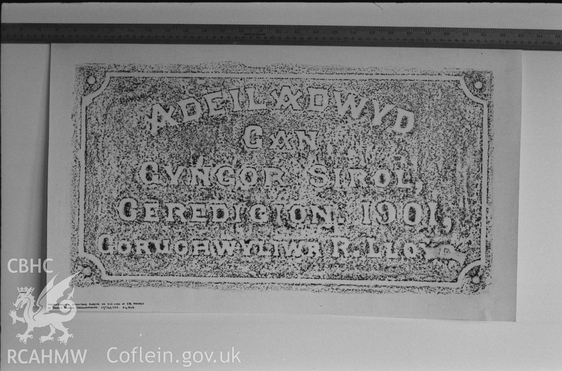 Digital copy of a black and white negative showing rubbing of plaque on Pontarfynach. Produced by Arthur Chater on 26 August 1969.