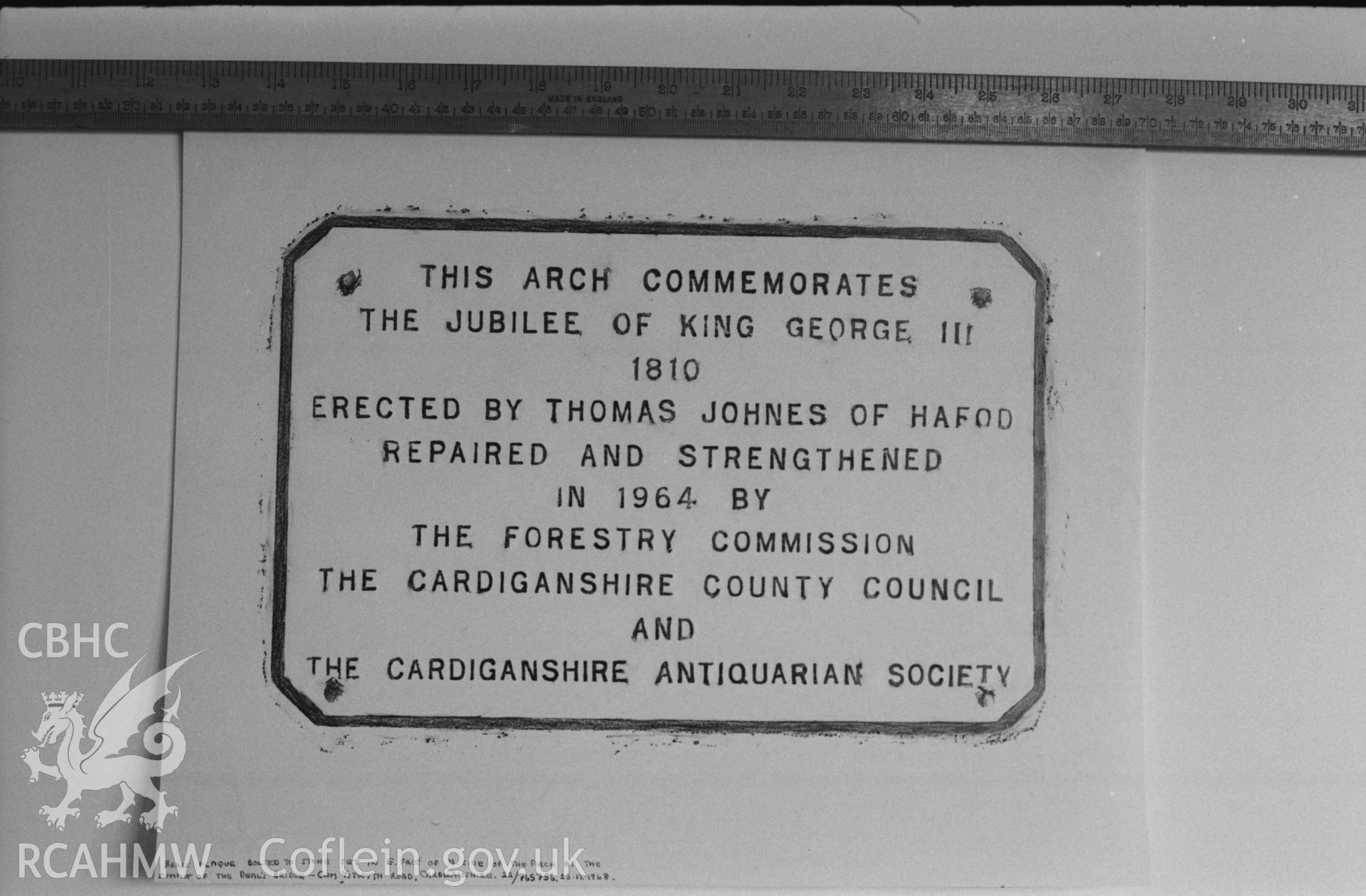 Digital copy of a black and white negative showing rubbing of plaque on Pontarfynach. Produced by Arthur Chater on 26 August 1969.