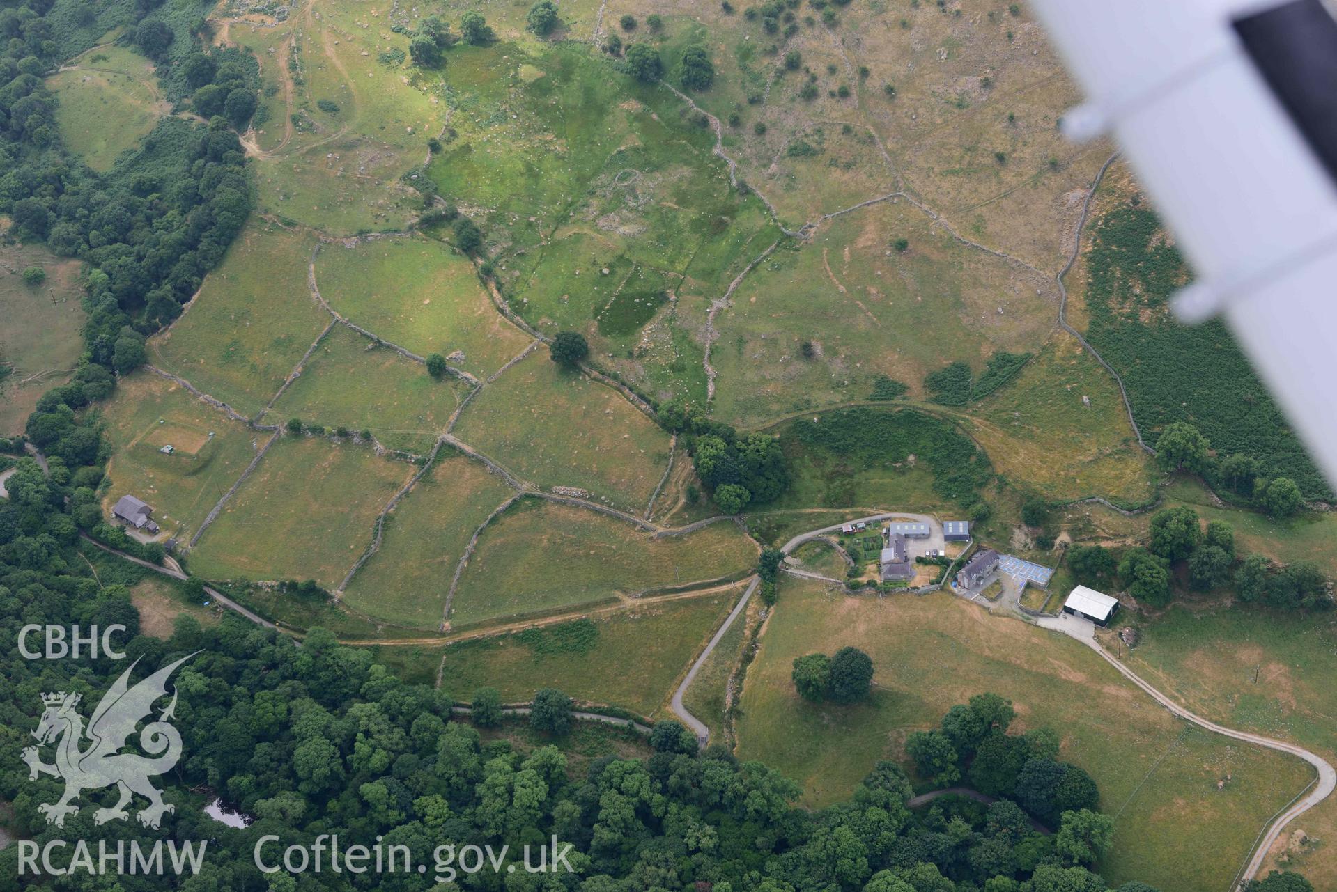 Pont y Teiryd field system. Oblique aerial photograph taken during the Royal Commission’s programme of archaeological aerial reconnaissance by Toby Driver on 10 July 2018.