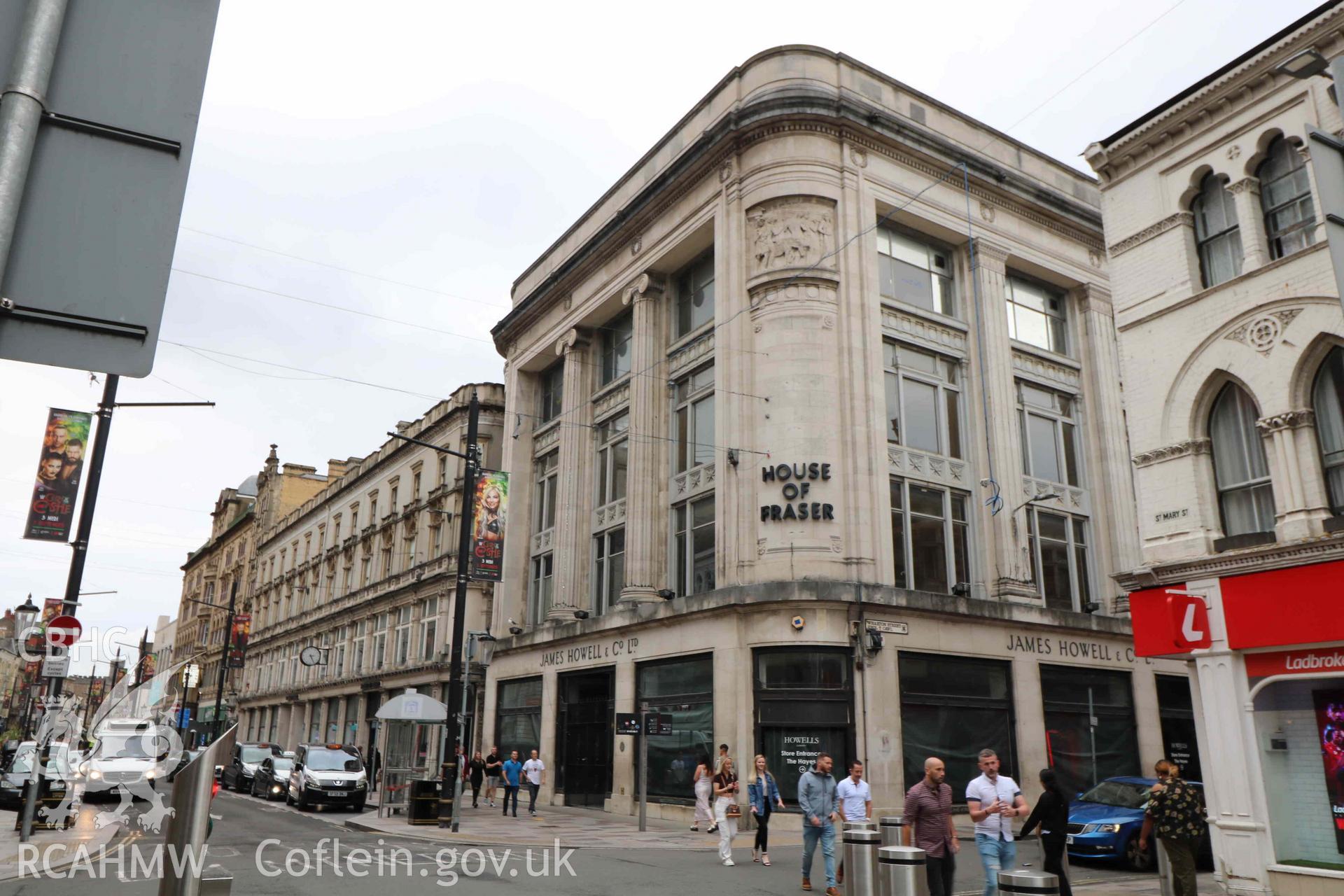 Photograph showing external street elevation, from a Level 4 Historic Building Record of the former Howells Department Store, Cardiff. Conducted as a part of listed building consent by Purcell Architecture in 2024.